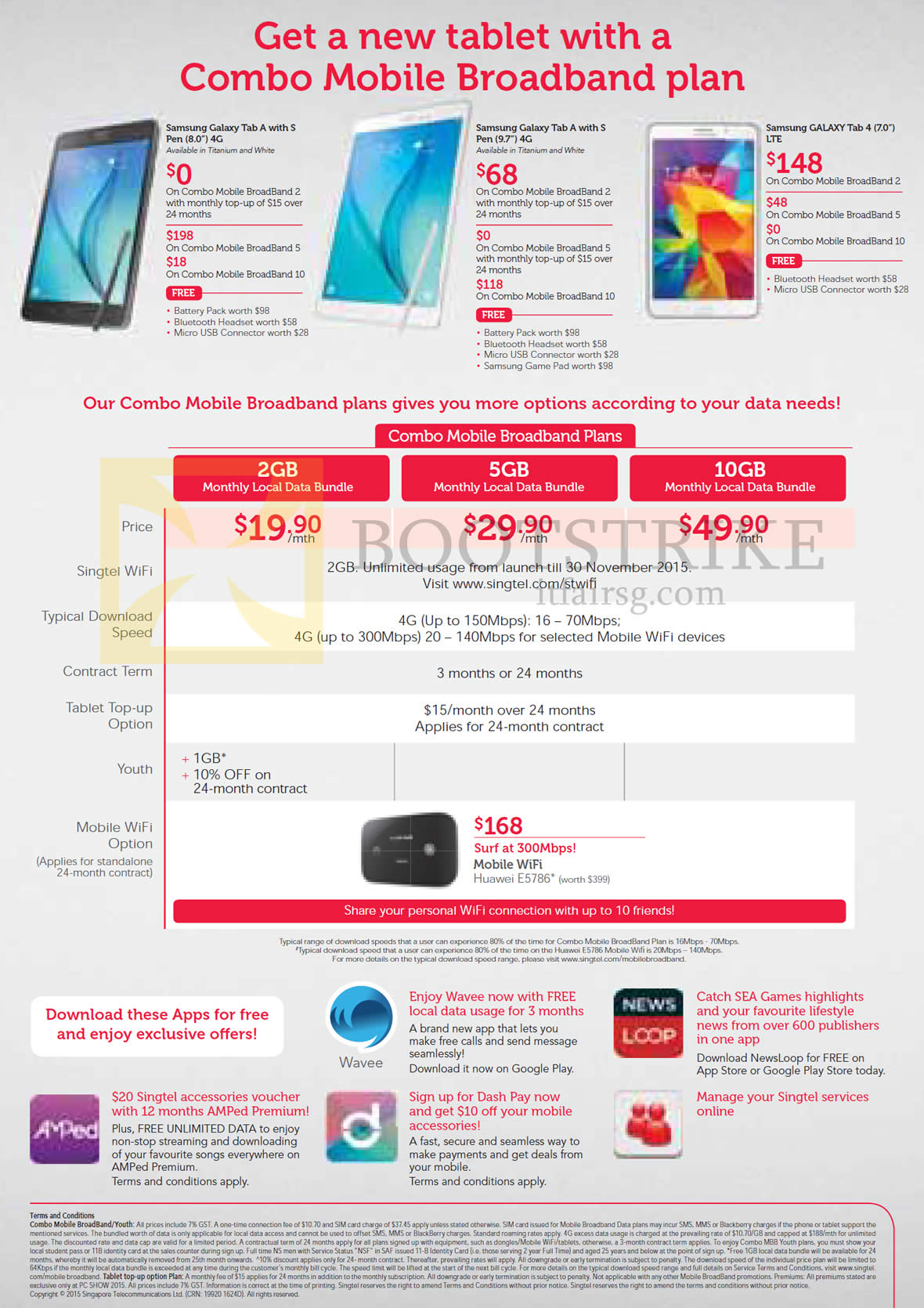 PC SHOW 2015 price list image brochure of Singtel Tablets Samsung Galaxy Tab A, Galaxy Tab 4, Combo Mobile Broadband Plans