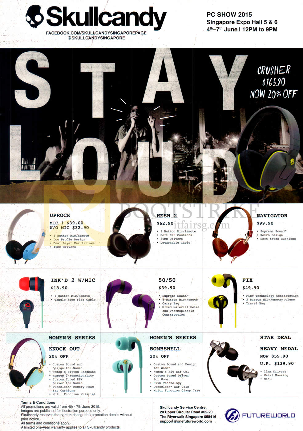 PC SHOW 2015 price list image brochure of Skullcandy Headphones, Earphones, Uprock, Hesh2, Navigator, Ink D 2, 50 50, Fix, Knock Out, Bombshell, Heavy Medal