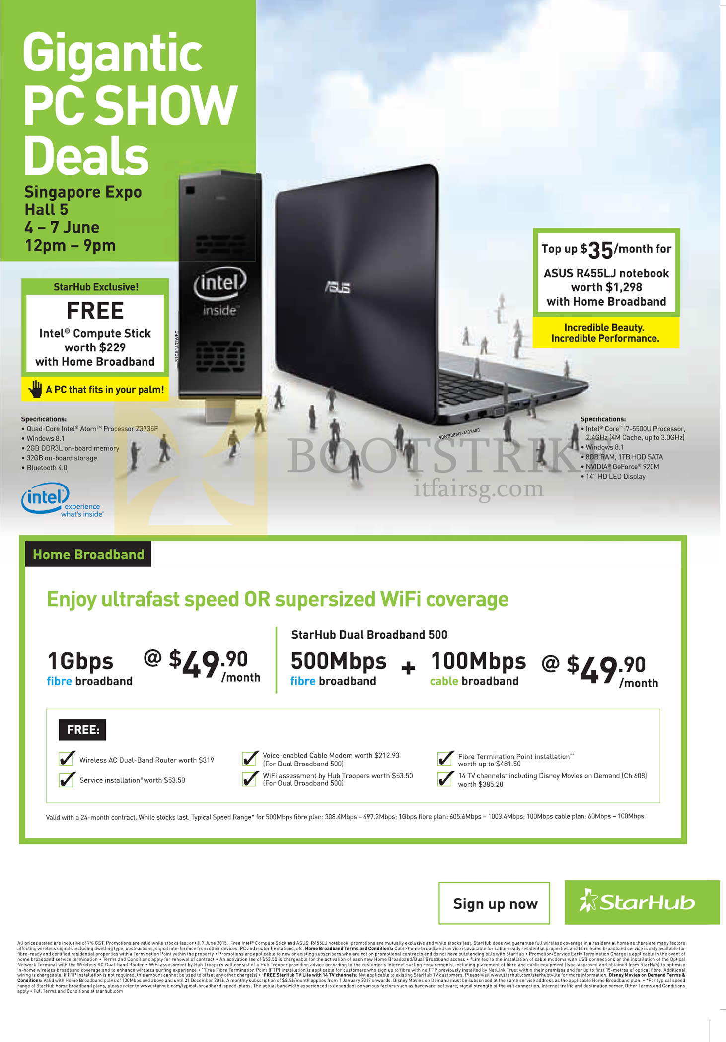 PC SHOW 2015 price list image brochure of Starhub Highlights 1Gbps Fibre 49.90, Free Intel Compute Stick, ASUS R455LJ Notebook, Dual Broadband 500