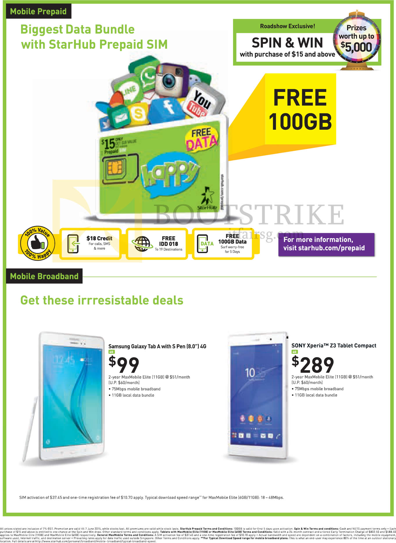 PC SHOW 2015 price list image brochure of Starhub Mobile Prepaid, Tablets Samsung Galaxy Tab A, Sony Xperia Z3 Compact