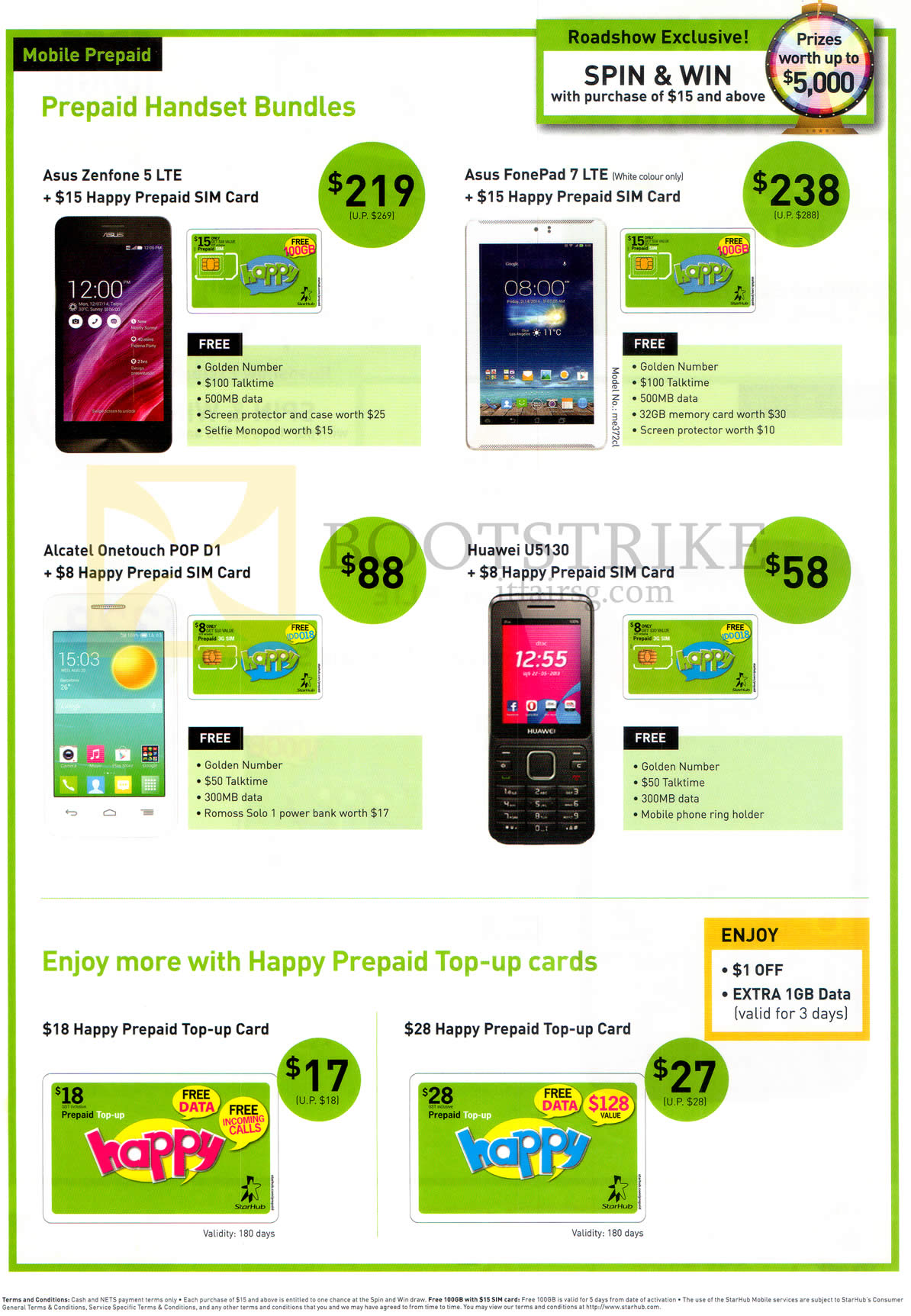 PC SHOW 2015 price list image brochure of Starhub Prepaid Handset Bundles, Top-Up Cards, Asus Zenfone 5, FonePad 7, Alcatel Onetouch Pop D1, Huawei U5130