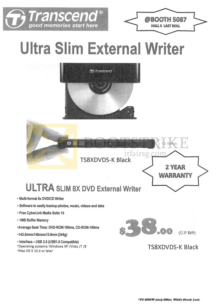 PC SHOW 2015 price list image brochure of Transcend Ultra Slim 8X DVD External Writer TS9XDVDS-K