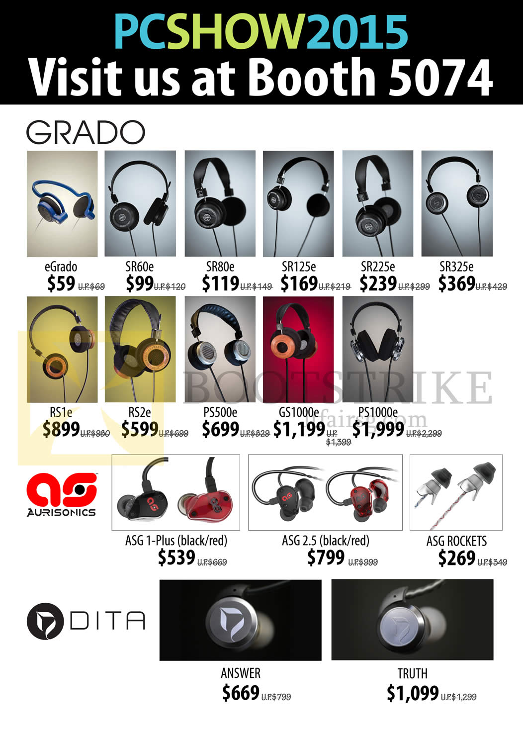 PC SHOW 2015 price list image brochure of Treoo GRADO, EGrado, SR60e SR80e SR125e SR225e SR325e, RSIe RS2e PS500e GS1000e PS1000e, Aurisonics, ASG 1-Plus, ASG 2.5, ASG ROCKETS, Dita, Answer, Truth