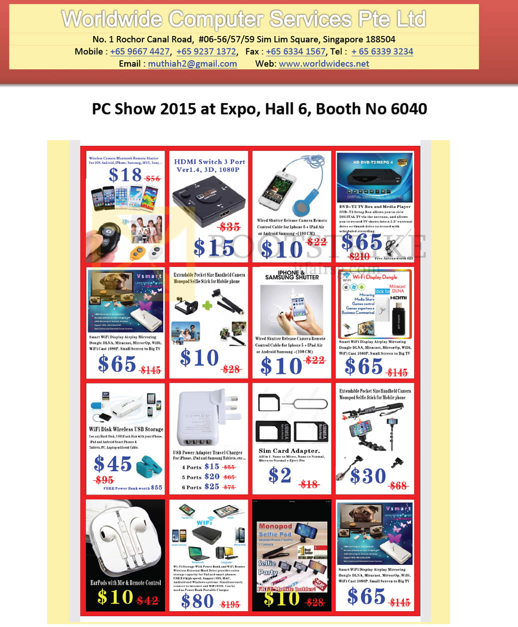 PC SHOW 2015 price list image brochure of Worldwide Computer Services Accessories, Sim Card Adapter, Power Adapter Travel Charger, Wireless USB Storage, Handheld Camera, Wi-fi Display Dongle