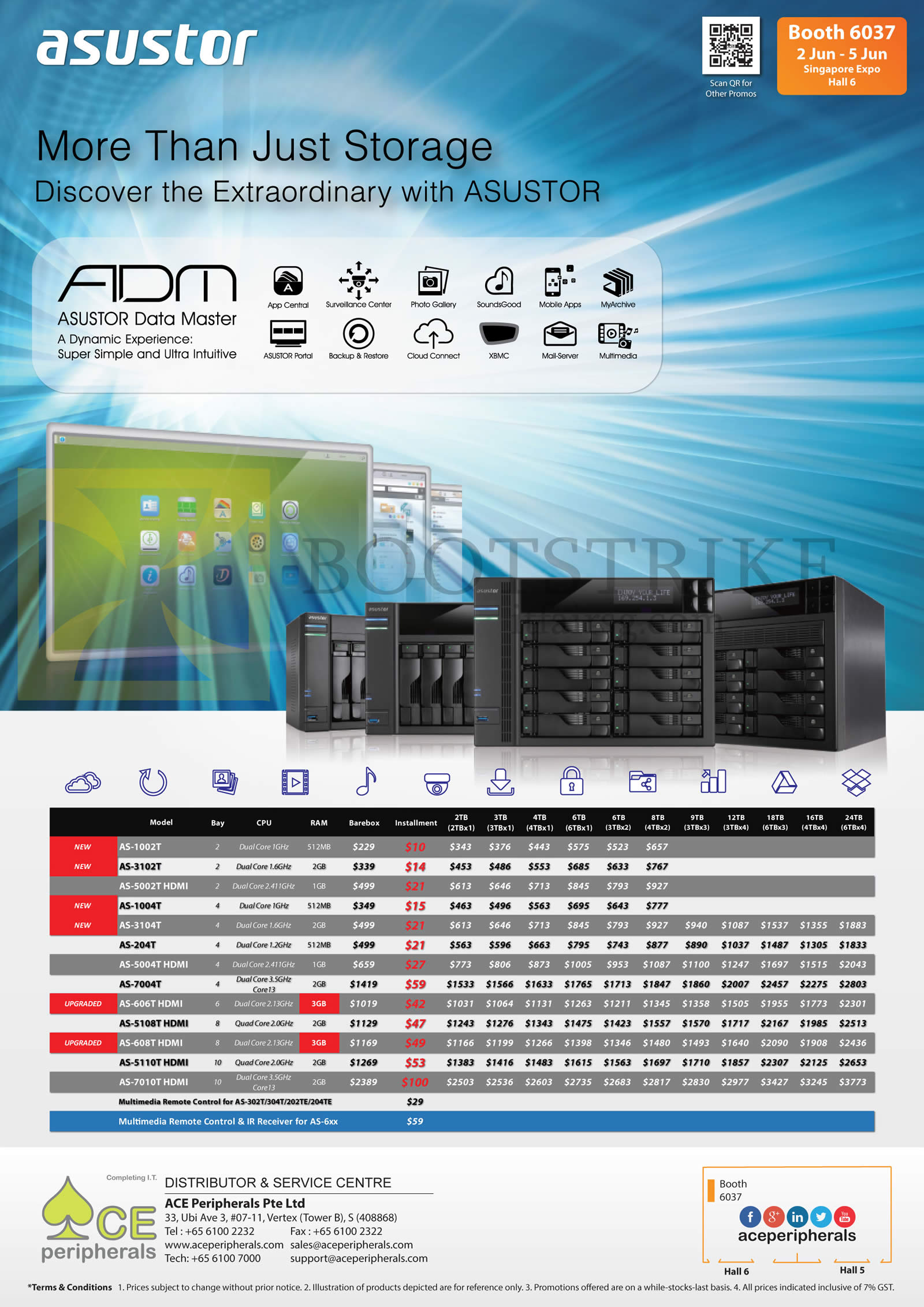 PC SHOW 2016 price list image brochure of ACE Peripherals Asustor NAS A-1002T, 3102T, 5002T HDMI, 1004T, 3104T, 204T, 5004T HDMI, 7004T, 606T, 5108T, 608T, 5110T, 7010T