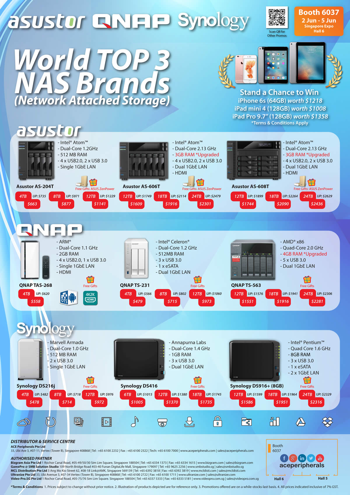PC SHOW 2016 price list image brochure of ACE Peripherals Asustor NAS QNAP, Synology, Asustor AS-204T, 606T, 608T, Qnap TAS-268, TS-231, TS-563, Synology DS216j, DS416, DS916 Plus