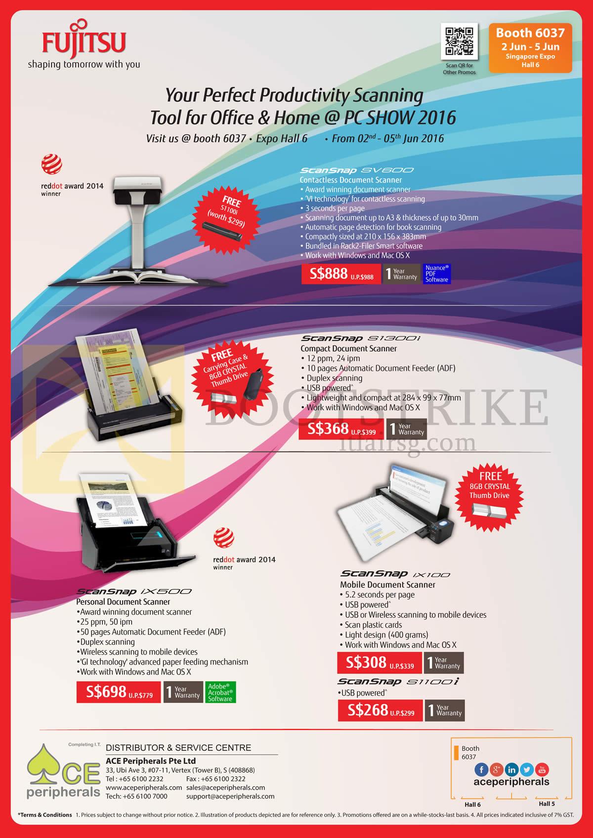 PC SHOW 2016 price list image brochure of ACE Peripherals Fujitsu Scanners ScanSnap IX100, IX500, S1100i, S1300i, SV600