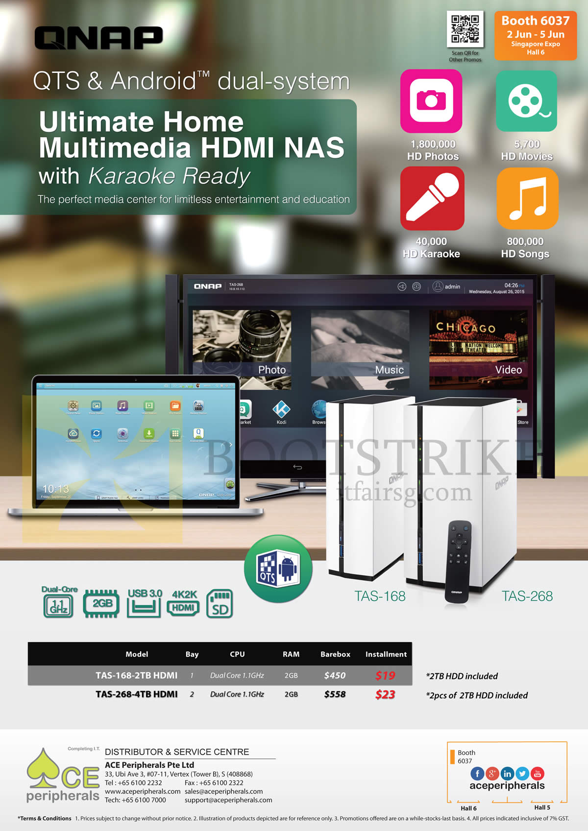 PC SHOW 2016 price list image brochure of ACE Peripherals QNAP Android Home Multimedia HDMI NAS TAS-168, TAS-268