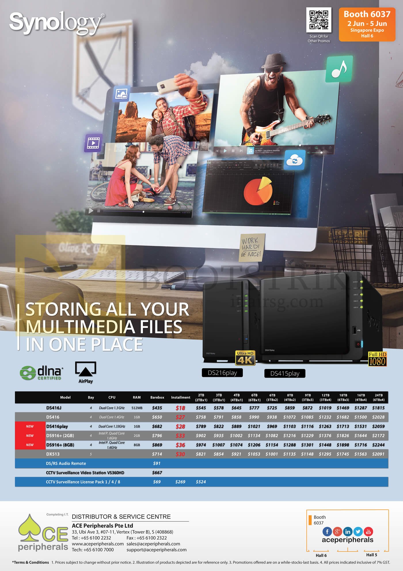 PC SHOW 2016 price list image brochure of ACE Peripherals Synology NAS Storage DS416J, 416, 416play, 916 Plus, 513, DS RS Auto Remote, CCTV Surveillance Video Station VS360HD