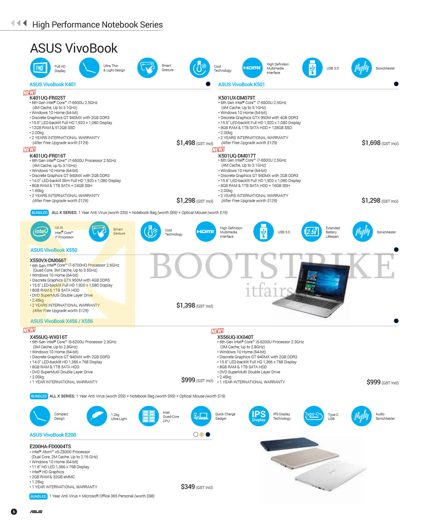 PC SHOW 2016 price list image brochure of ASUS Notebooks VivoBook K401UQ-FR025T, K401UQ-FR016T, K501UX-DM079T, K501UQ-DM017T, X550VX-DM066T, X456UQ-WX016T, X556UQ-XX040T, E200HA-FD0004TS