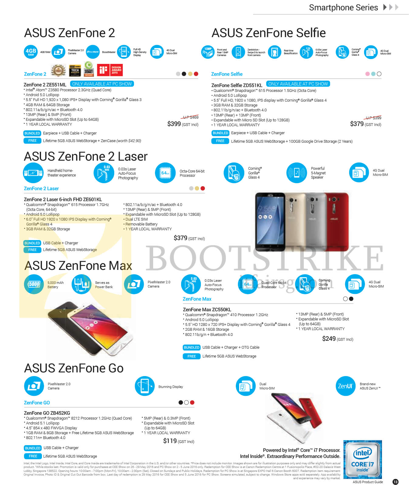 PC SHOW 2016 price list image brochure of ASUS Smartphones ZenFone Series, ZenFone 2 ZE551ML, ZenFone Selfie ZD551KL, ZenFone 2 Laser 6-inch FHD ZE601KL, ZenFone Max ZC550KL, ZenFone GO ZB452KG