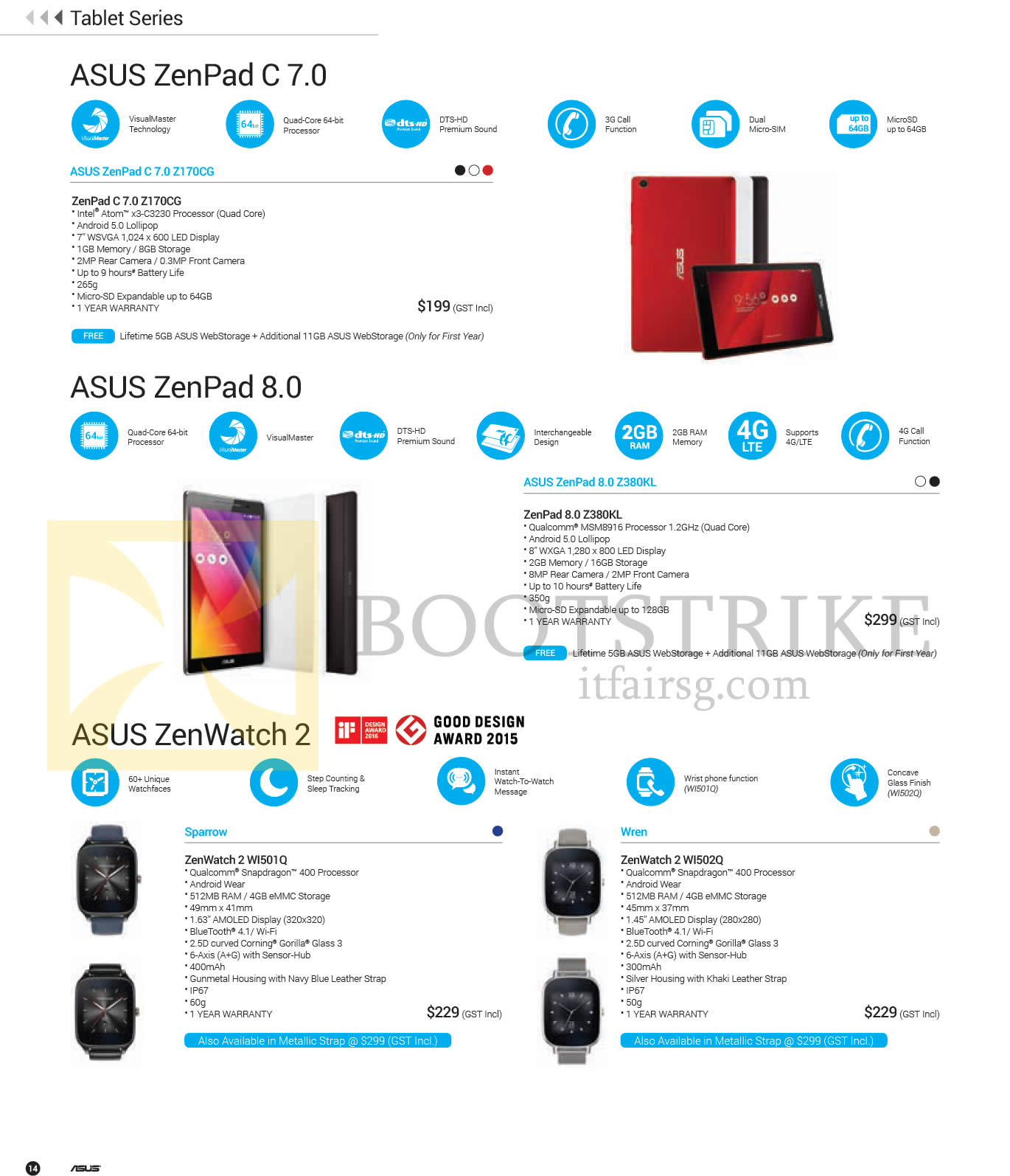 PC SHOW 2016 price list image brochure of ASUS Tablets ZenPad Series, ZenPad C 7.0 Z170CG, ZenPad 8.0 Z380KL, ZenWatch Series, ZenWatch 2 WI501Q, ZenWatch 2 WI502Q