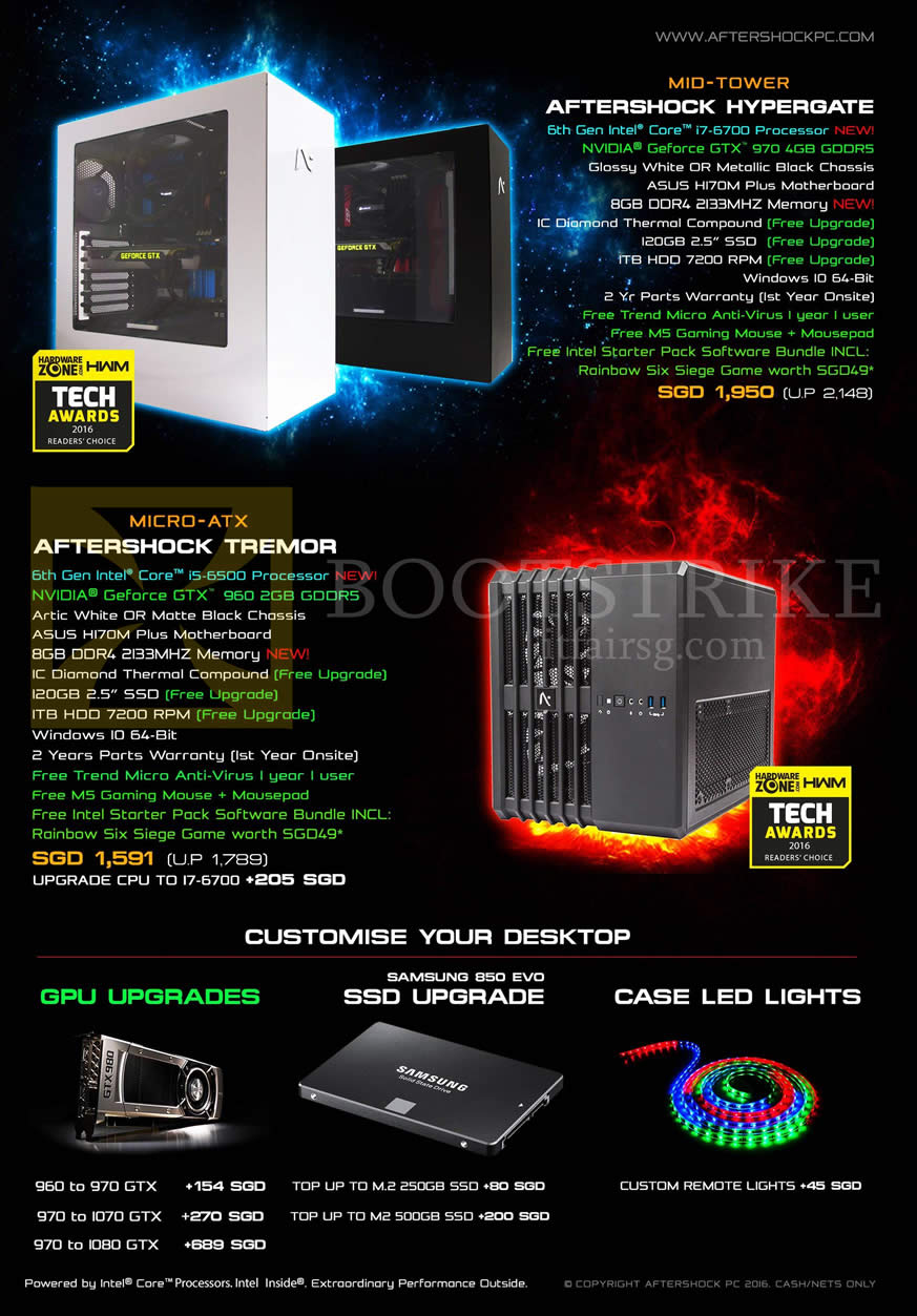 PC SHOW 2016 price list image brochure of Aftershock Desktop PC Processors, Accessories, Hypergate, Tremor, GPU Upgrades, Samsung 850 Evo, Case LED Lights