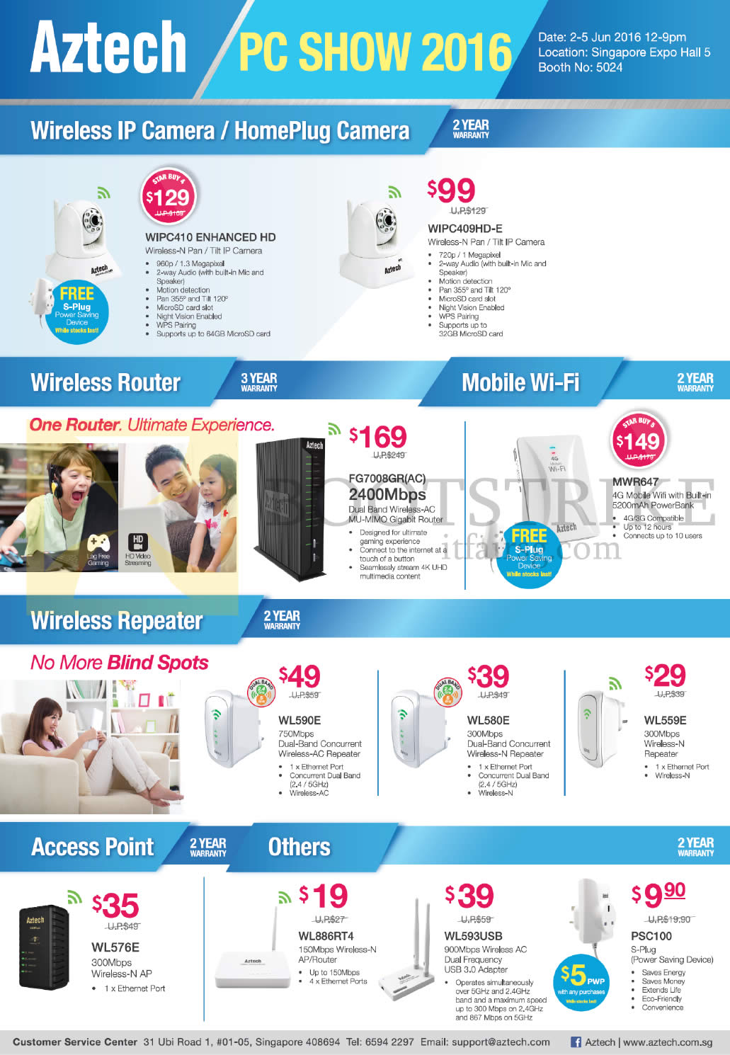 PC SHOW 2016 price list image brochure of Aztech Wireless IP Cameras, Routers, Mobile Wi-Fi, Repeaters, Access Points, WIPC410, 409HD, FG7008GR, MWR647, WL590E, 580E, 559E, 576E, 886RT4, 593USB, PSC100