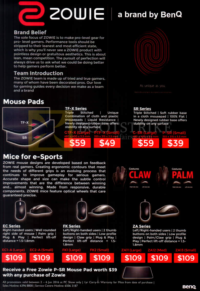 PC SHOW 2016 price list image brochure of Benq Zowie Mousepads, Mouse GTF-X, PTF-X, G-SR, P-SR, EC1-A, EC2-A, FK1, FK2, ZA11, ZA11, ZA12, ZA13