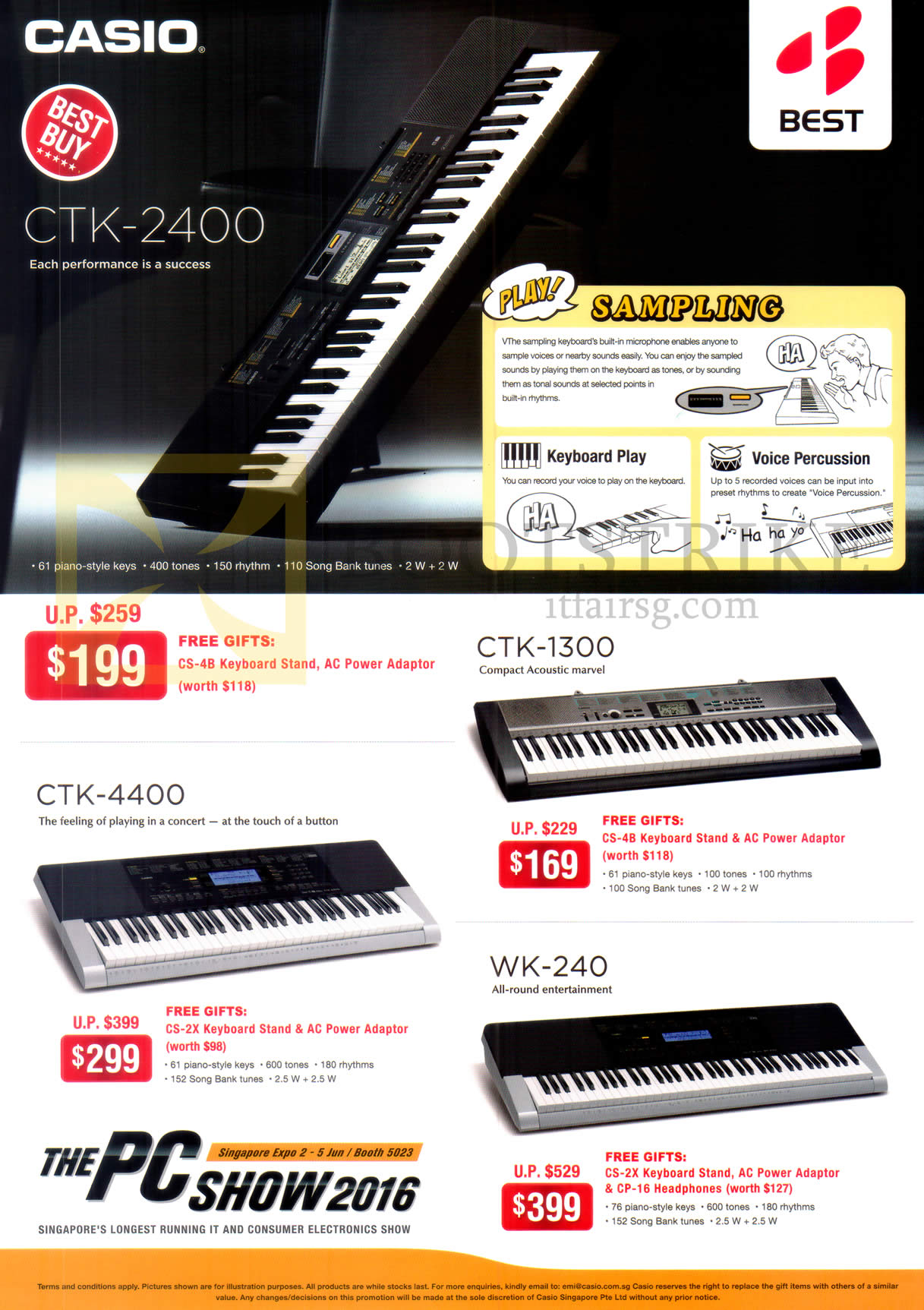 PC SHOW 2016 price list image brochure of Best Denki Casio Piano Keyboards CTK-2400, 1300, 4400, WK-240