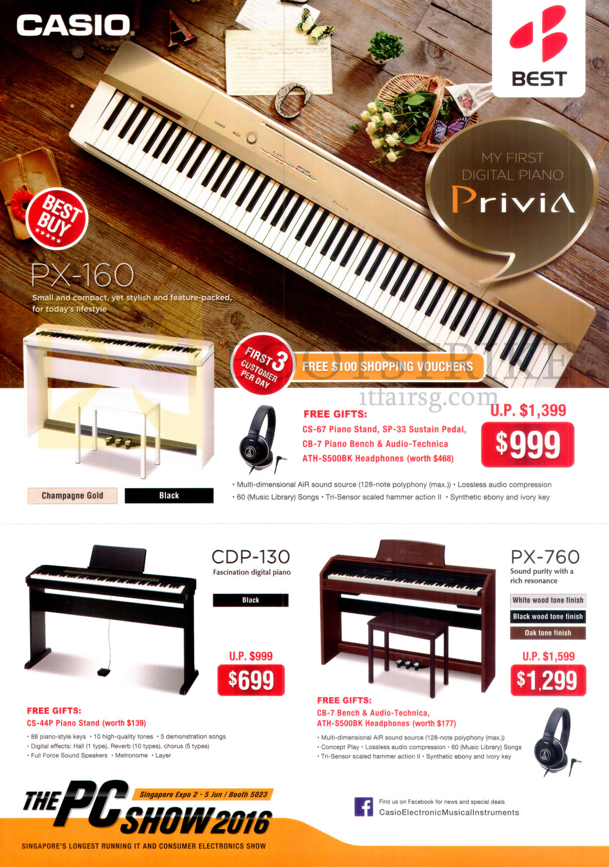 PC SHOW 2016 price list image brochure of Best Denki Casio Piano Keyboards Privia PX-160, 760, CDP-130