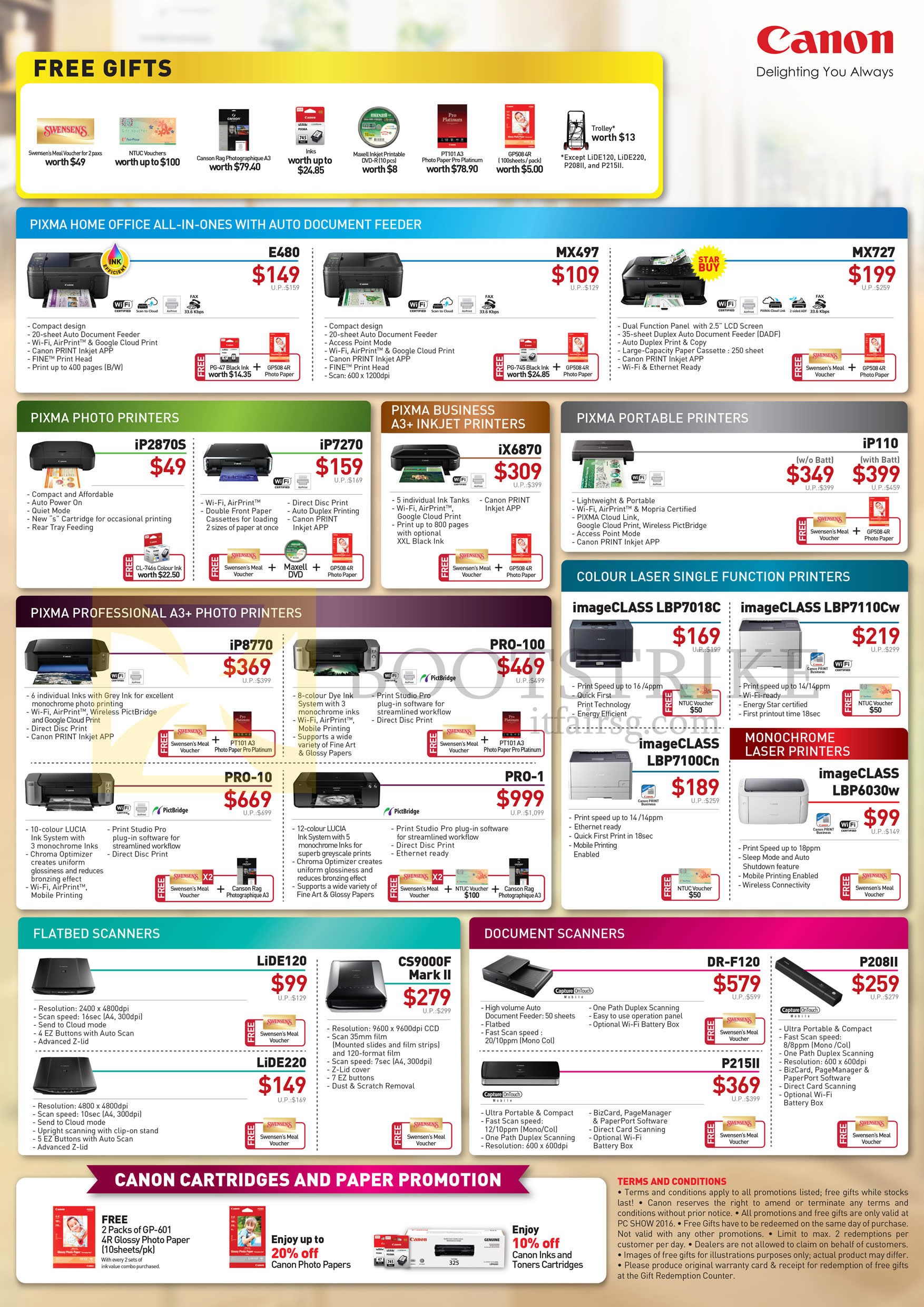 PC SHOW 2016 price list image brochure of Canon Printers, Scanners Pixma E480, MX497, MX727, IP2870S, IP7170, IP8770, Pro-100, ImageCLASS LBP7018C, 7110Cw, 7100Cn, 6030w, LiDE120, CS9000F Mark II, DR-F120, P215II