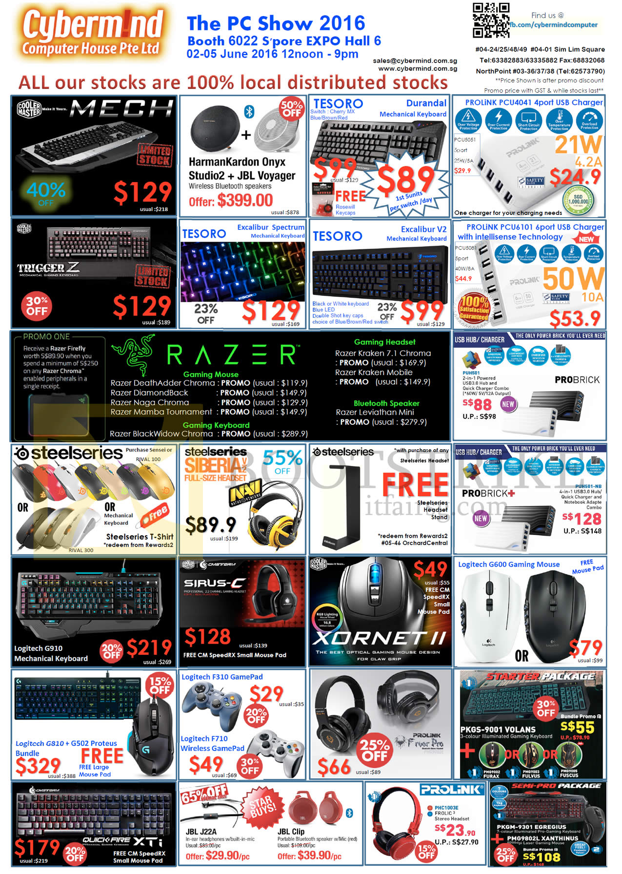 PC SHOW 2016 price list image brochure of Cybermind Keyboards, Speakers, USB Chargers, Headset, Mouse, GamePad, Cooler Master, Harman Kardon, Prolink, Tesoro, Razer, Steelseries, Siberia, Logitech