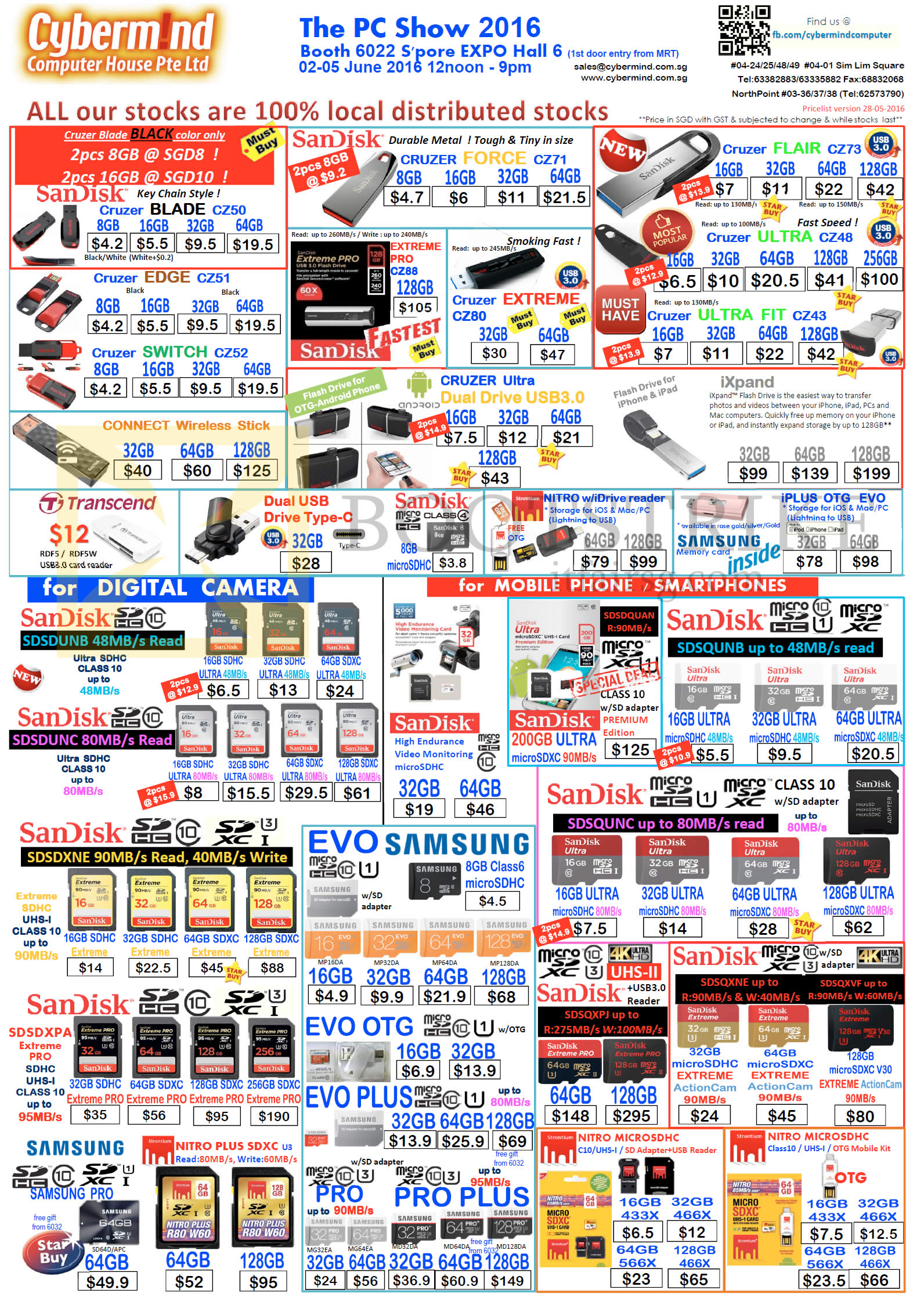 PC SHOW 2016 price list image brochure of Cybermind Thumb Drives, SD Cards, Sandisk, Samsung, Cruzer Blade, Force, Flair, Ultra, Extreme, Edge, Switch, Evo, OTG, Plus, Pro, Plus, Nitro MicroSDHC, OTG