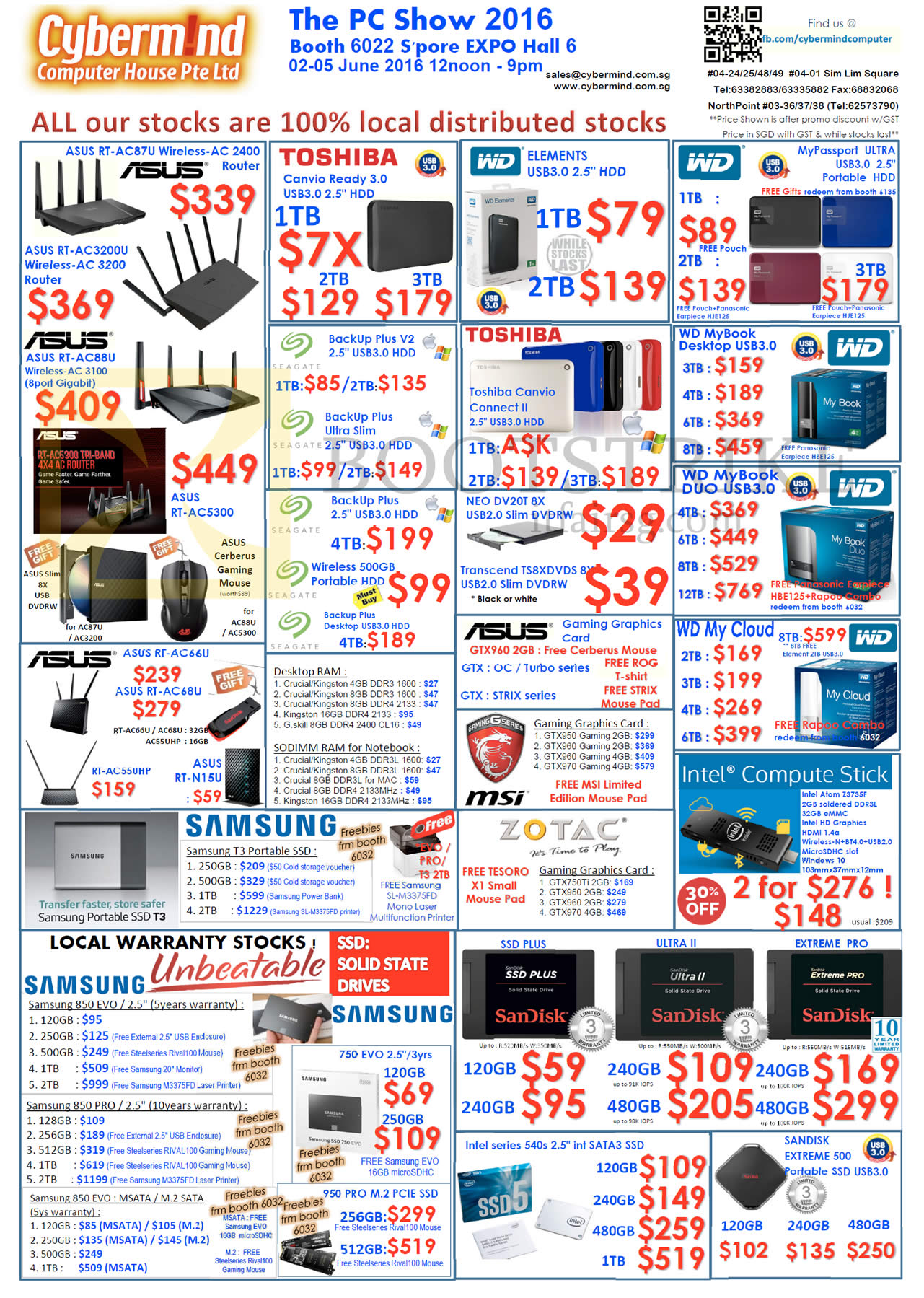 PC SHOW 2016 price list image brochure of Cybermind Wireless Routers, External Hard Disk Drives, Portable SSDs, SD Cards, SSDs, Asus, Toshiba, Western Digital, BackUp Plus, Samsung, Zotac
