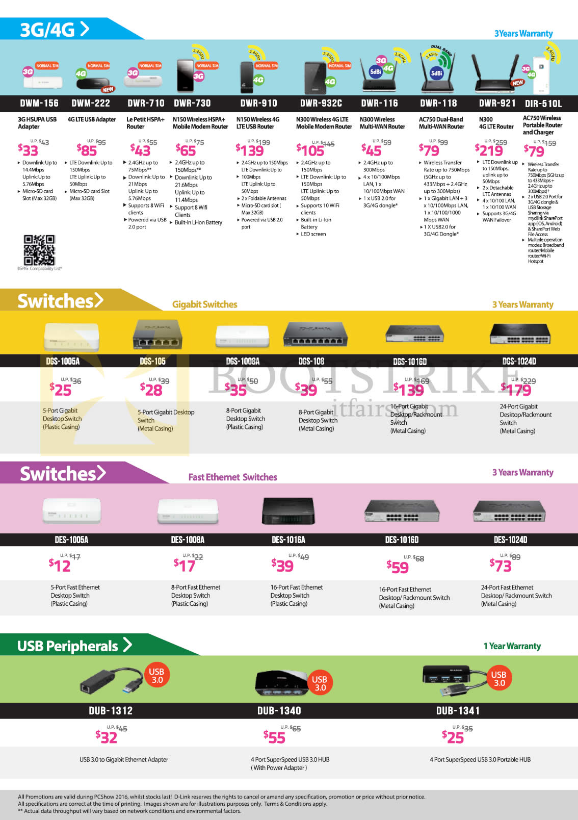 PC SHOW 2016 price list image brochure of D-Link Networking Routers, Switches, USB Peripherals, DWM-156, 222, 710, 730, 910, 932C, 921, DIR-510L, DGS-1005A, 1016D, 1024D, DES-1005A, 1008A, 1024D, DUB-1312