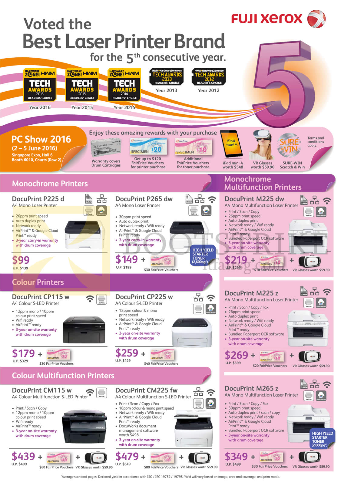 PC SHOW 2016 price list image brochure of Fuji Xerox Printers DocuPrint P225d, P265dw, CP115w, CP225w, CM115w, CM225fw, M225dw, M225z, M265z