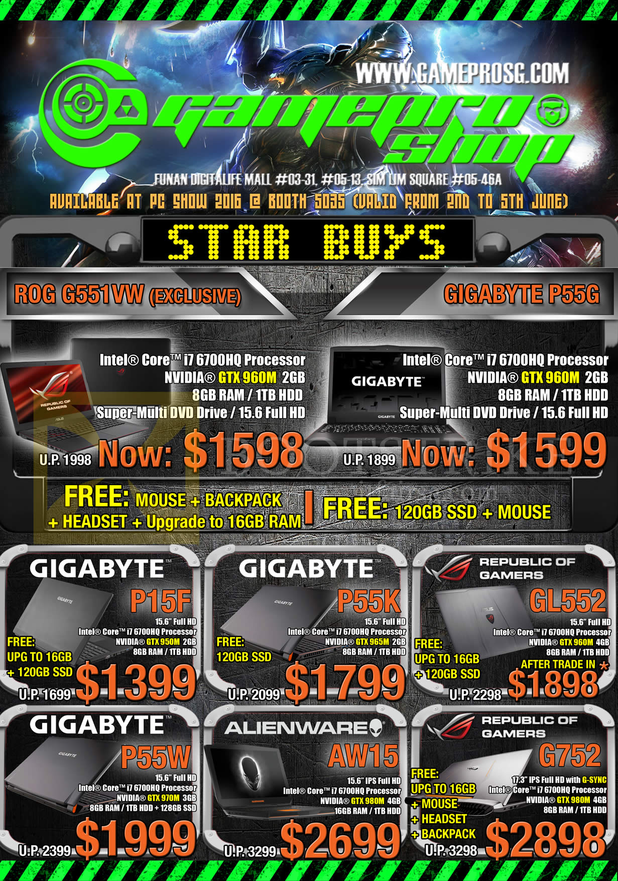 PC SHOW 2016 price list image brochure of GamePro Shop Notebooks Gigabyte ROG G551vW, Gigabyte P55G, P15F, P55K, GL552, P55W, AW15, G752