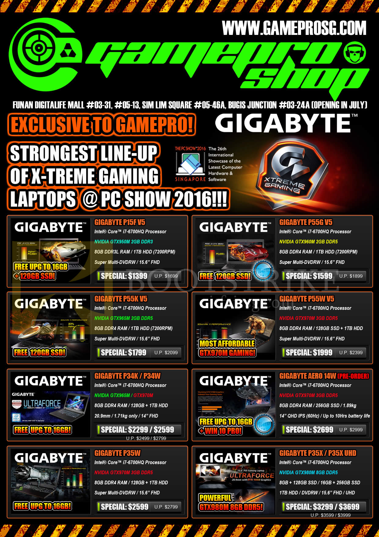 PC SHOW 2016 price list image brochure of Gamepro Notebooks Gigabyte P15F V5, P55G V5, P55K V5, P55W V5, P34K, P34W, AERO 14W, P35W, P35X, P35X UHD