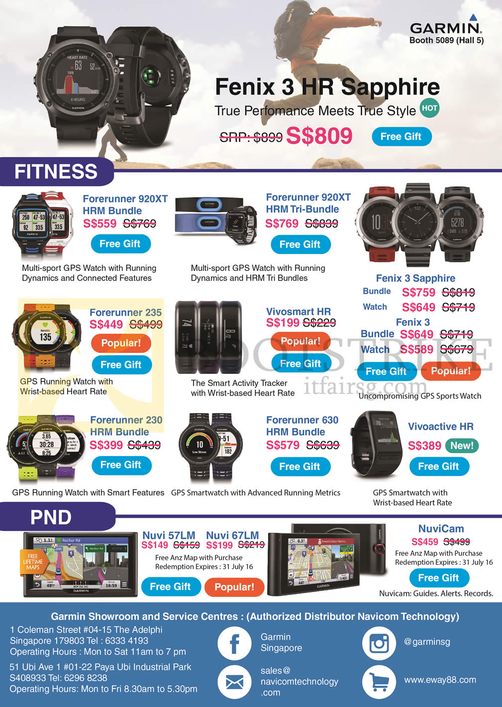 PC SHOW 2016 price list image brochure of Garmin GPS Fitness Watches, PND, Forerunner 920XT, 235, 230, 630, Vivosmart HR, Fenix 3 Sapphire, Vivoactive HR, Navigators Nuvi 57LM, 67LM, NuviCam