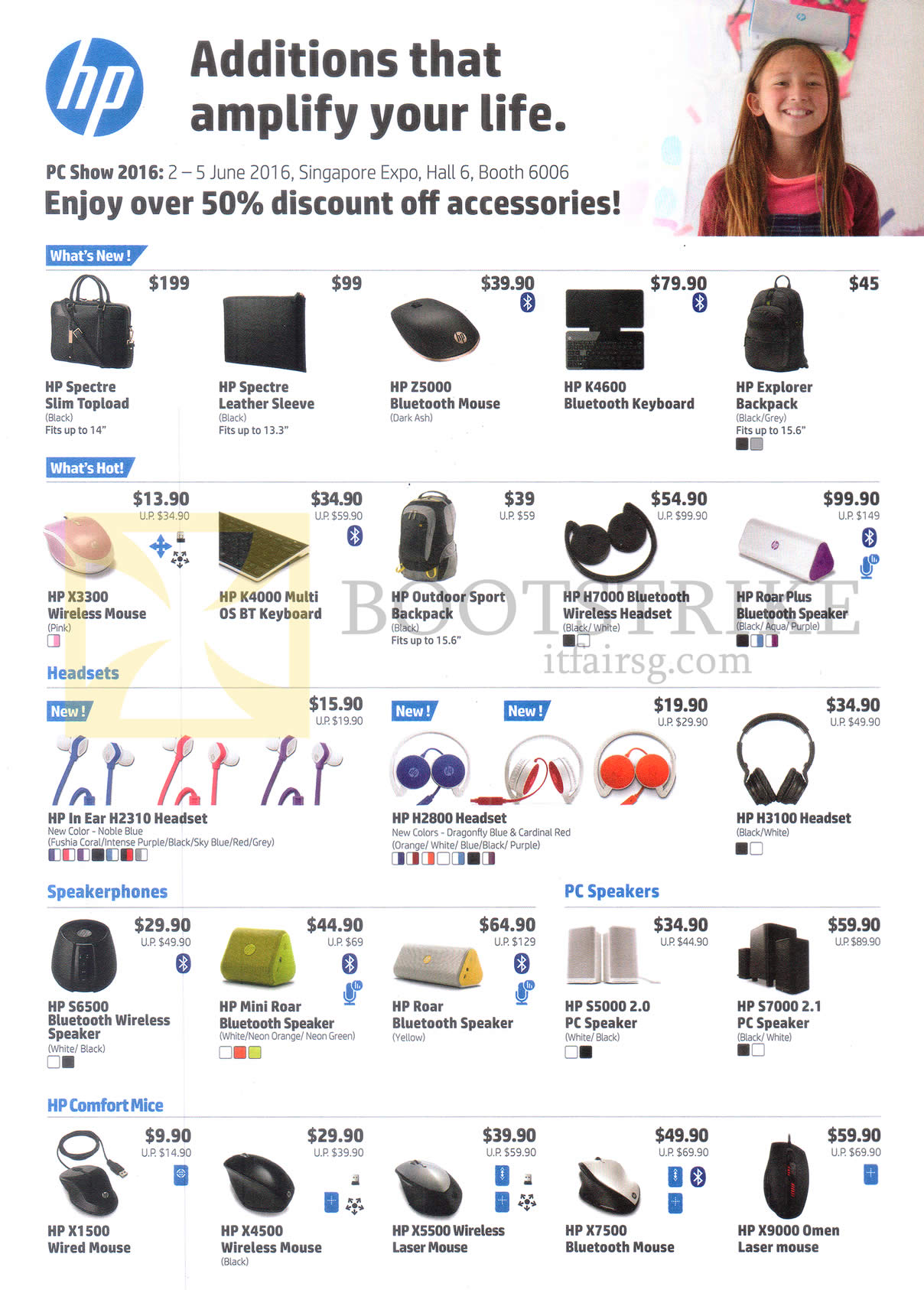 PC SHOW 2016 price list image brochure of HP Accessories Laptop Carrying Case, Mouse, Headset, Speaker, Mouse, HP Spectre, Z5000, K4600, X3300, K4000, H3100, H2800, S6500, S5000, S7000, X1500