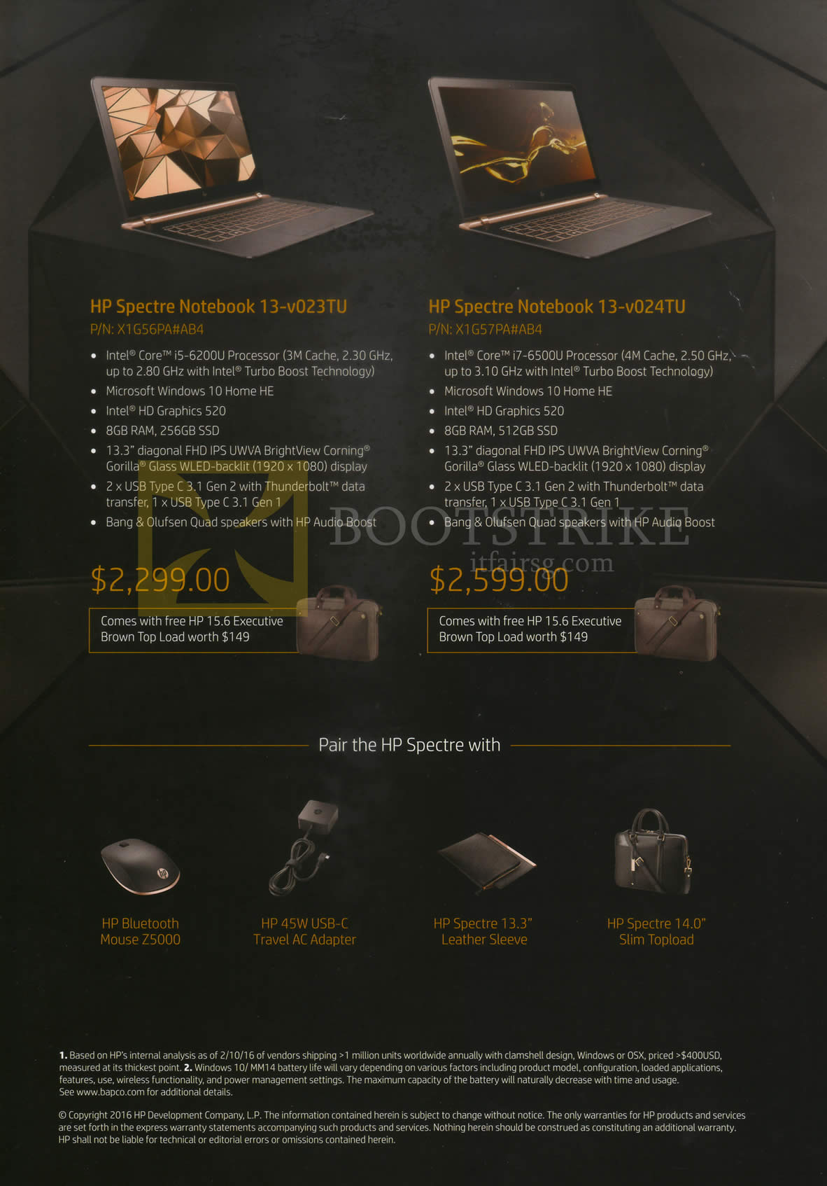 PC SHOW 2016 price list image brochure of HP Notebooks New Spectre 13-V023TU, 13-V024TU, Bluetooth Mouse Z500C, Travel Adapter, Leather Sleeve, Slim Topload