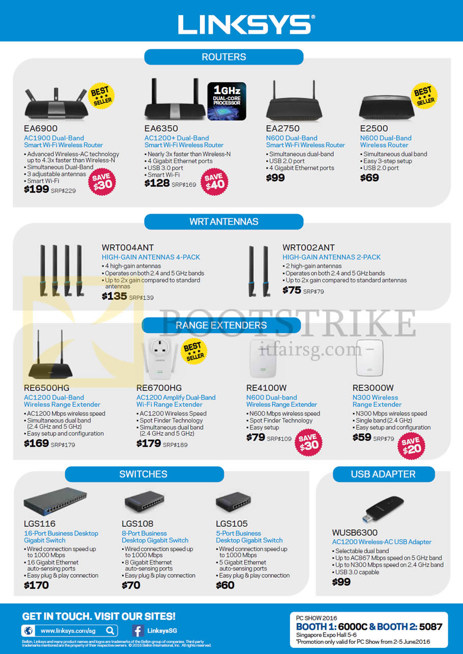 PC SHOW 2016 price list image brochure of Linksys Networking Routers, Antennas, Range Extenders, Switches, USB Adapter, EA6900, 6350,2750, E2500, WRT004ANT, 002ANT, RE6500HG, 6700HG, 4100W, 3000W, LGS116, WUSB6300