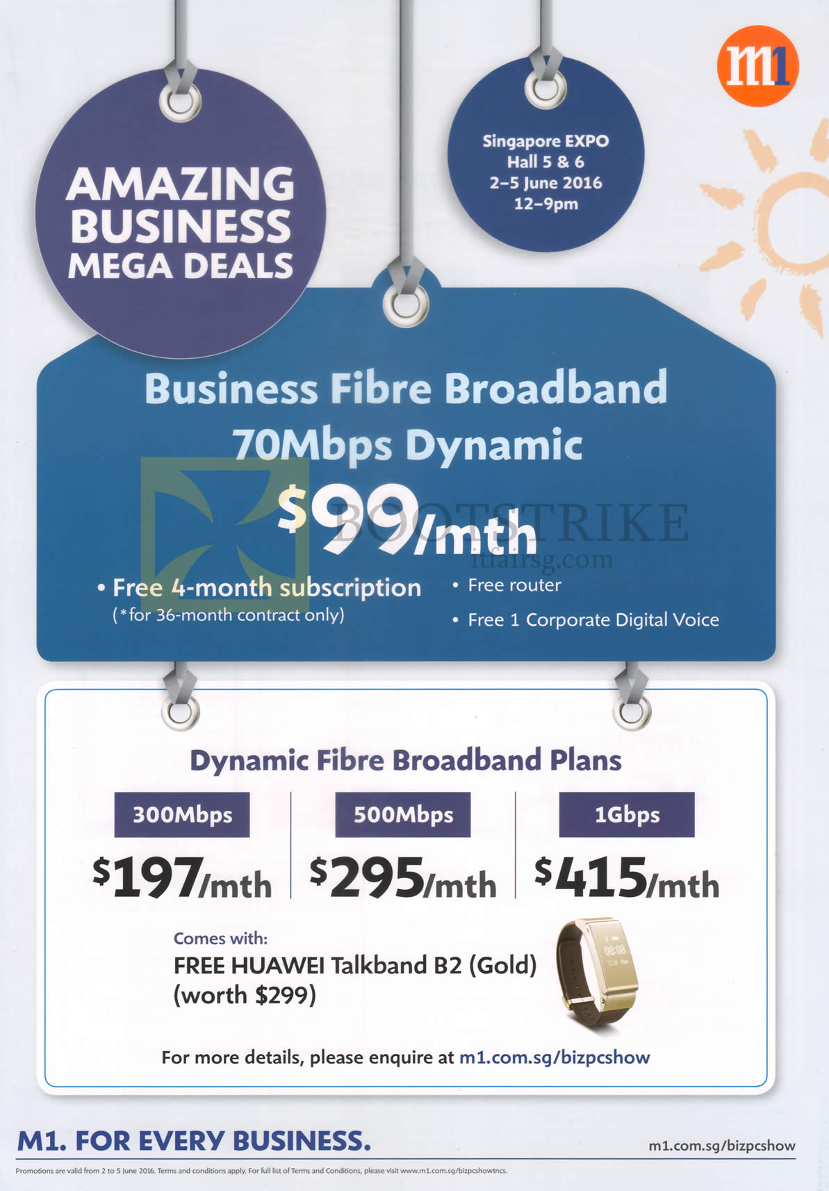PC SHOW 2016 price list image brochure of M1 Business Dynamic Fibre Broadband 99.00 70Mbps, 197.00 300Mbps, 295.00 500Mbps, 415.00 1Gbps, Free Huawei Talkband B2