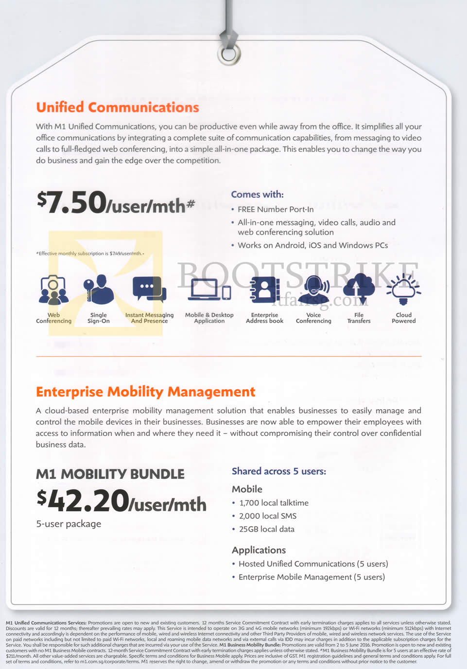 PC SHOW 2016 price list image brochure of M1 Business Unified Communications 7.50 Per User, Enterprise Mobility Management Mobility Bundle 42.20 Per User