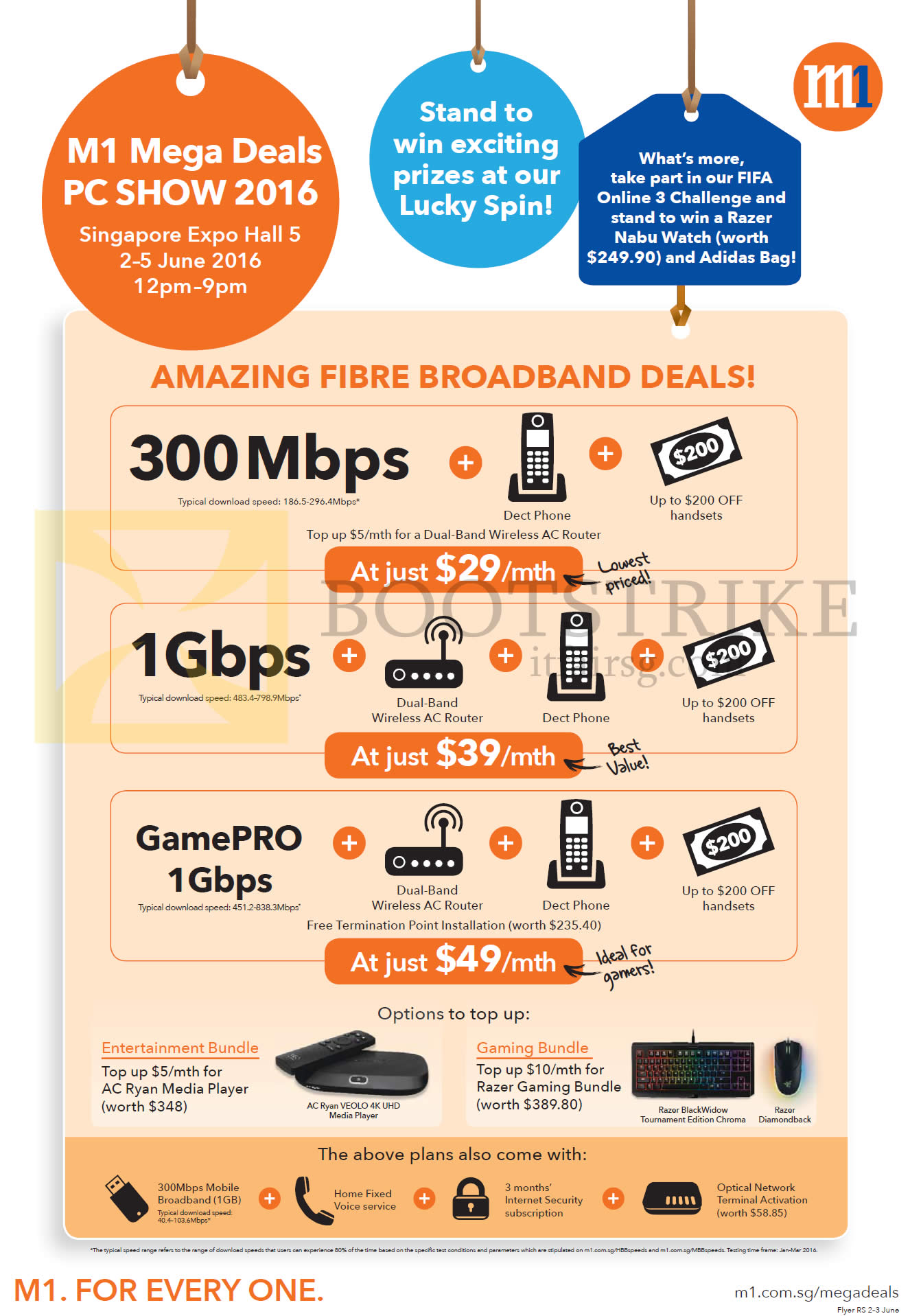PC SHOW 2016 price list image brochure of M1 Fibre Broadband 29.00 300Mbps, 39.00 1Gbps, 49.00 GamePRO 1Gbps, Entertainment Bundle, Gaming Bundle