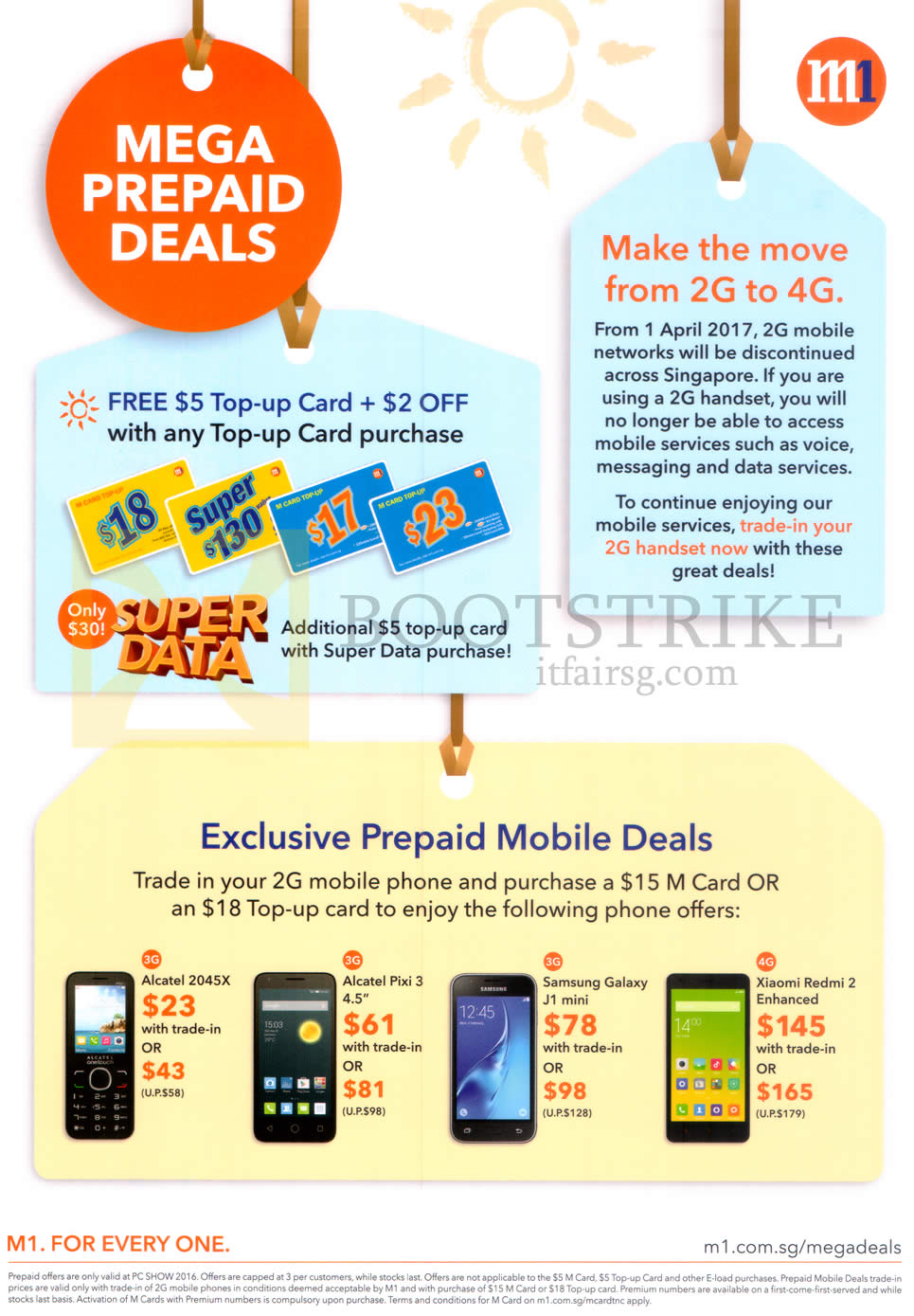 PC SHOW 2016 price list image brochure of M1 Prepaid Mobile Deals Free 5 Dollar Top Up Card, Alcatel 2045X, Pixi 3, Samsung Galaxy J1 Mini, Xiaomi Redmi 2 Enhanced