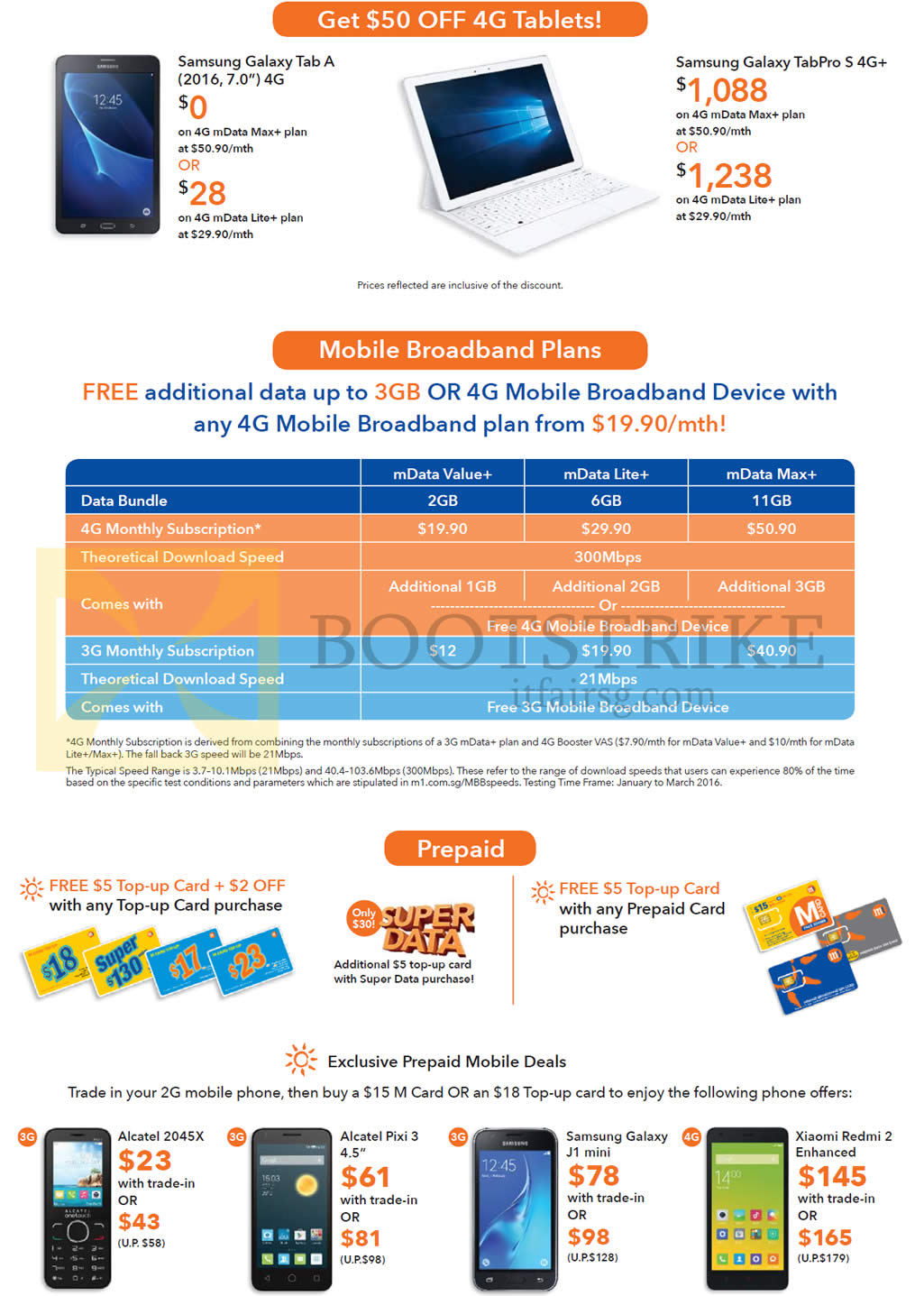 PC SHOW 2016 price list image brochure of M1 Tablets, Mobile Broadband Plans, Prepaid, Samsung Galaxy Tab A, TabPro S 4G Plus, MData Value Plus, Lite Plus, Max Plus, Free Top Up Card, Alcatel 2045X, Pixi 3
