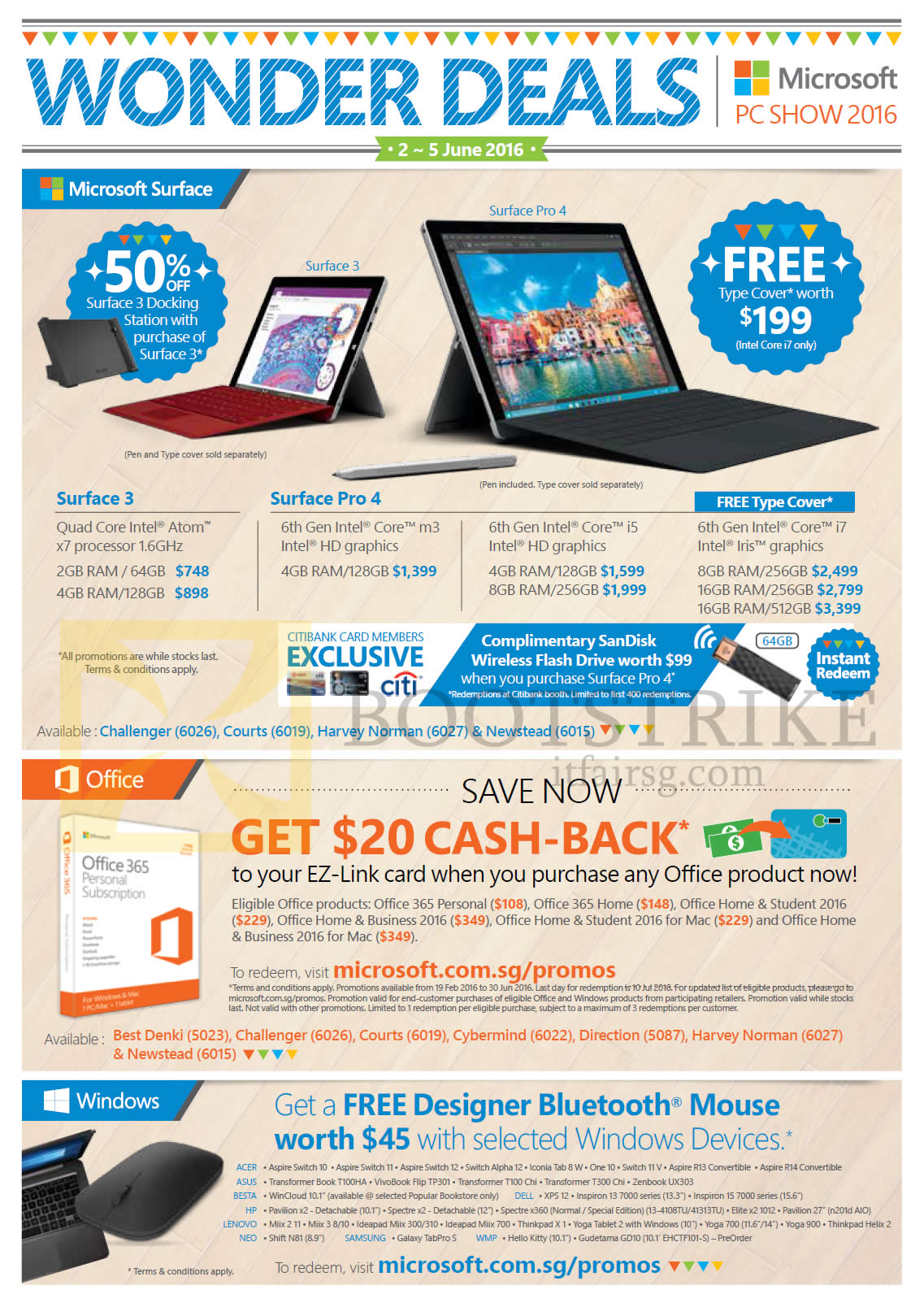 PC SHOW 2016 price list image brochure of Microsoft Tablets Surface 3, Pro 4, Office 365, Free Bluetooth Mouse