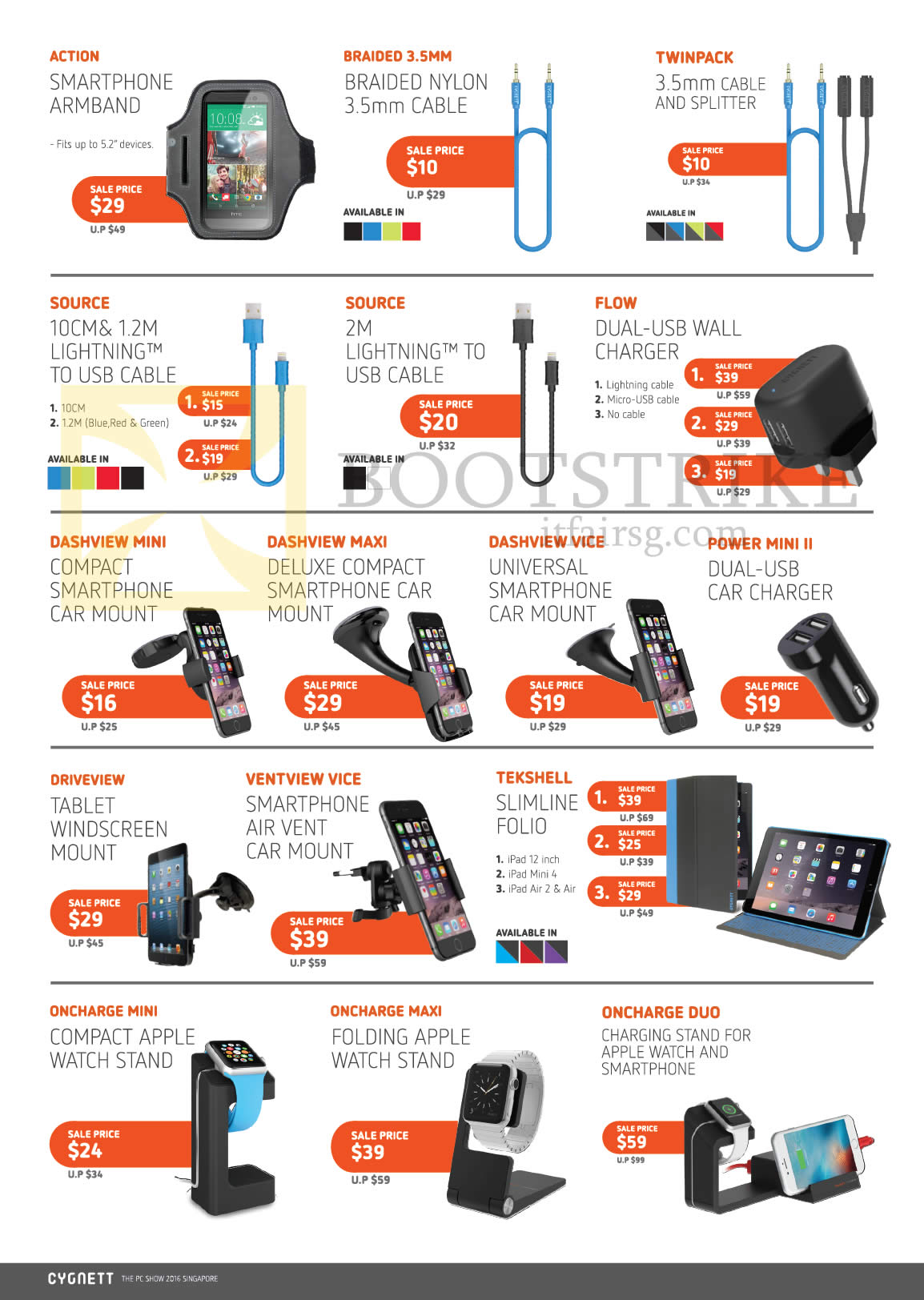 PC SHOW 2016 price list image brochure of Nubox Cygnett Accessories Smartphone Armband, Cable, Splitter, USB Wall Charger, Smartphone Car Mount, Slimline Folio, Apple Watch Stand, Car Charger