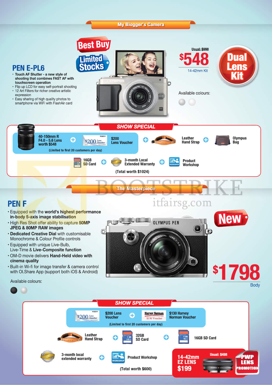 PC SHOW 2016 price list image brochure of Olympus Digital Cameras Pen E-PL6, Pen F