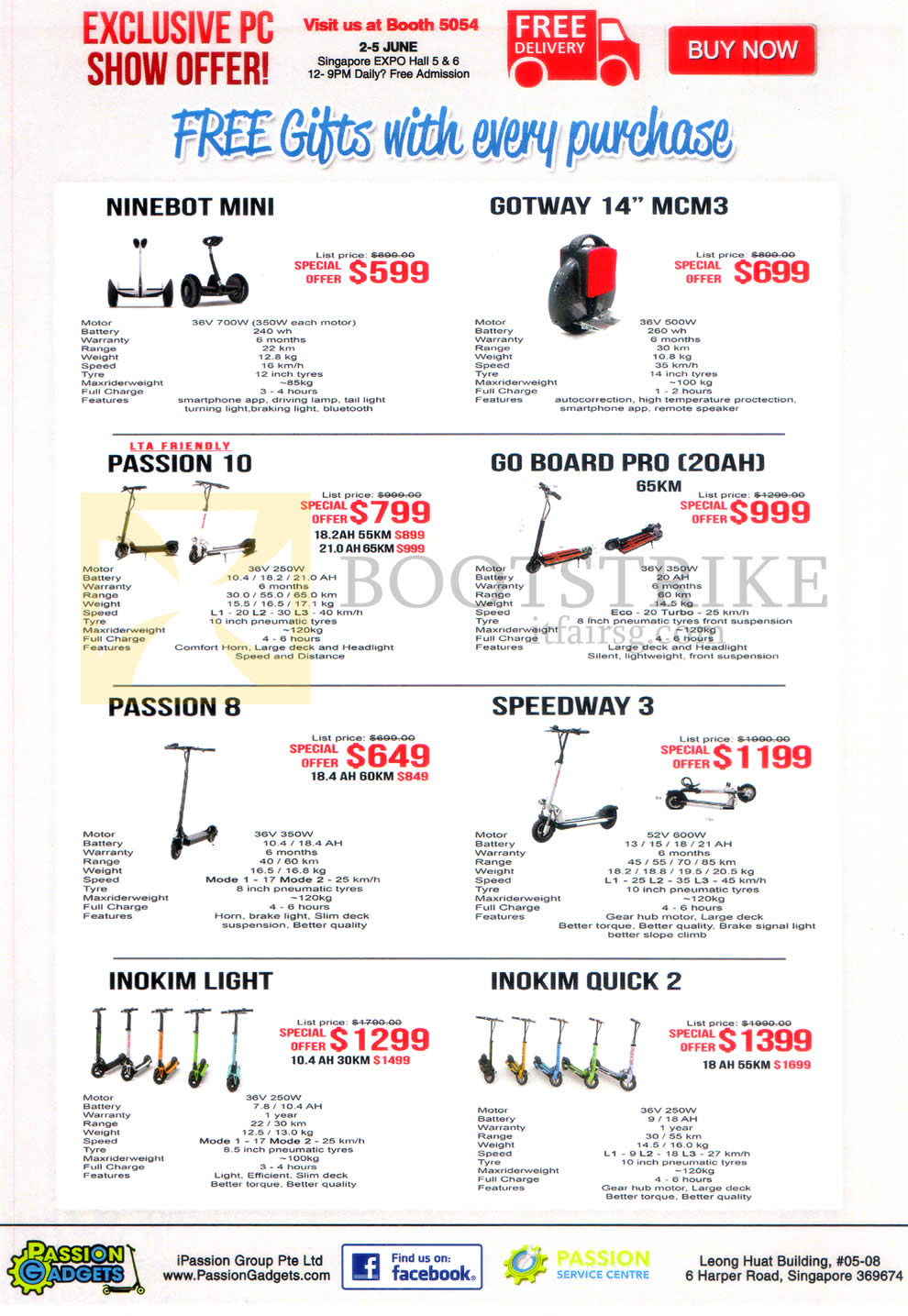 PC SHOW 2016 price list image brochure of Passion Gadgets E-scooters Ninebot Mini, Gotway 14 Mcm3, Passion 10, Go Board Pro (20ah), Passion 8, Speedway 3, Inokim Light, Quick 2