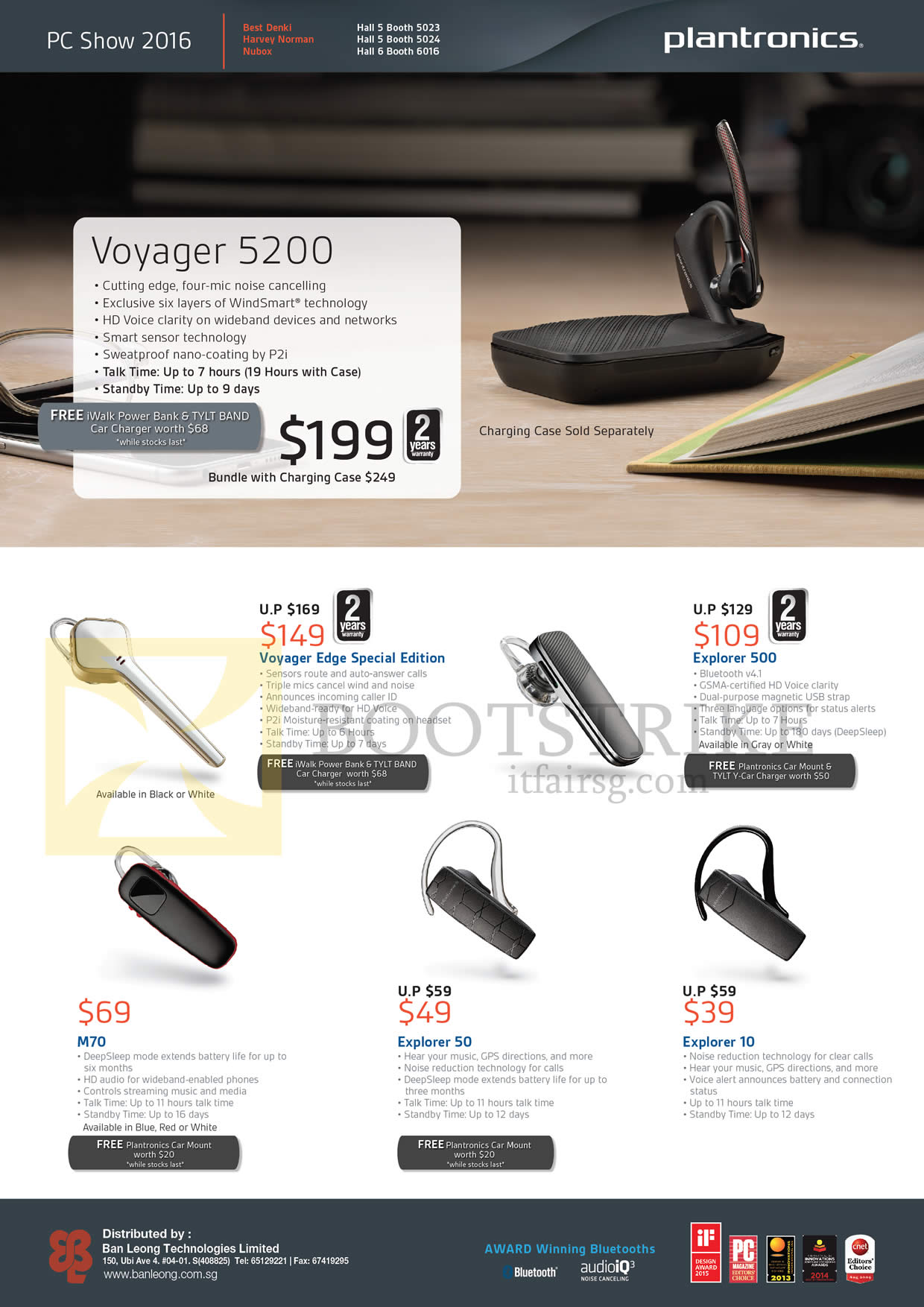 PC SHOW 2016 price list image brochure of Plantronics Bluetooth Headsets Voyager 5200, Edge Special Edition, Explorer 500, M70, Explorer 50, 10