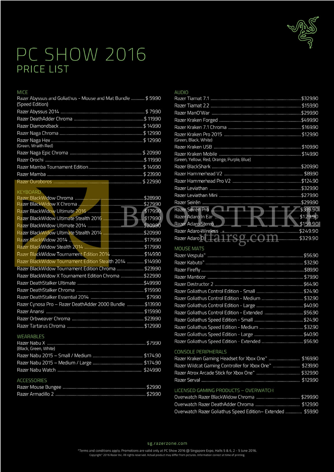 PC SHOW 2016 price list image brochure of Razer Mouse, Keyboards, Wearables, Accessories, Audio Systems, Headphones, Earphones, Mousemats, Console Peripherals, Gaming Products