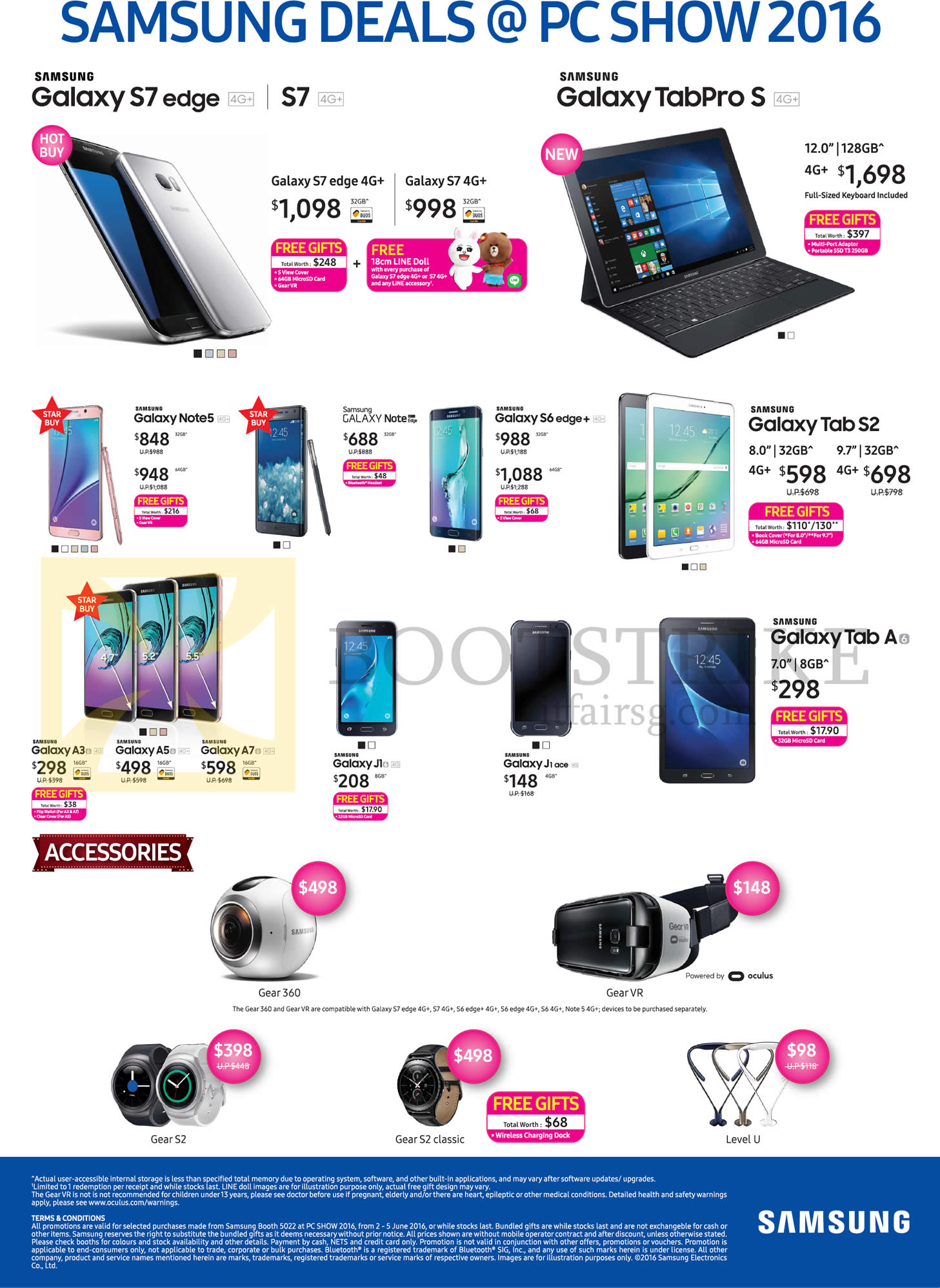 PC SHOW 2016 price list image brochure of Samsung Mobile Smartphones, Accessories, Galaxy S7 4G Plus, Edge, TabPRO S 12.0, Galaxy Note 5, Note Edge, S6 Edge Plus, Tab S2 8.0, 9.7, A3, A5, A7, J1, J1 Ace, Gear 360, VR