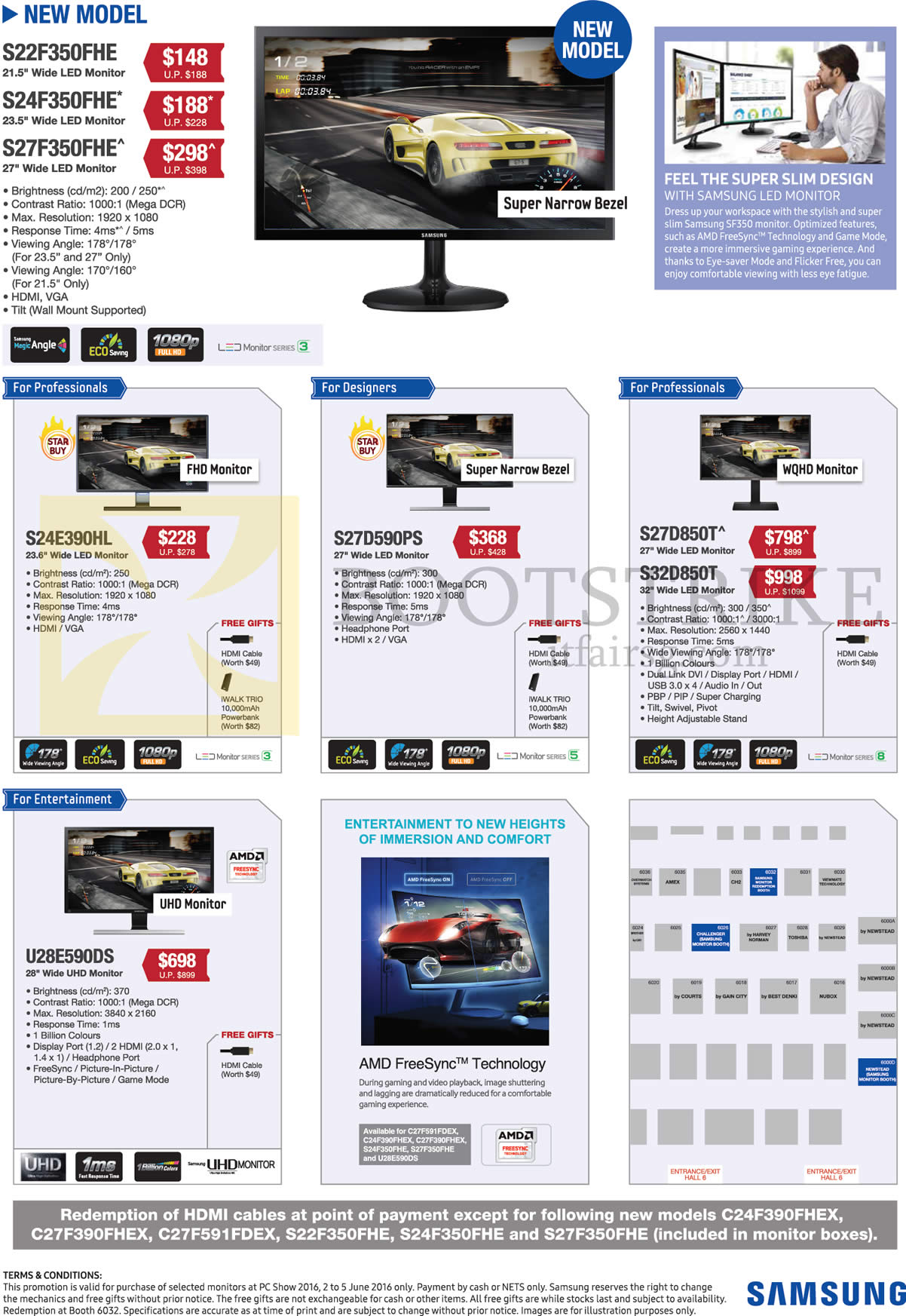PC SHOW 2016 price list image brochure of Samsung Monitors LED S22F350FHE, S24F350FHE, S27F350FHE, S24E390HL, S27D590PS, S27D850T, S32D850T, U28E590DS