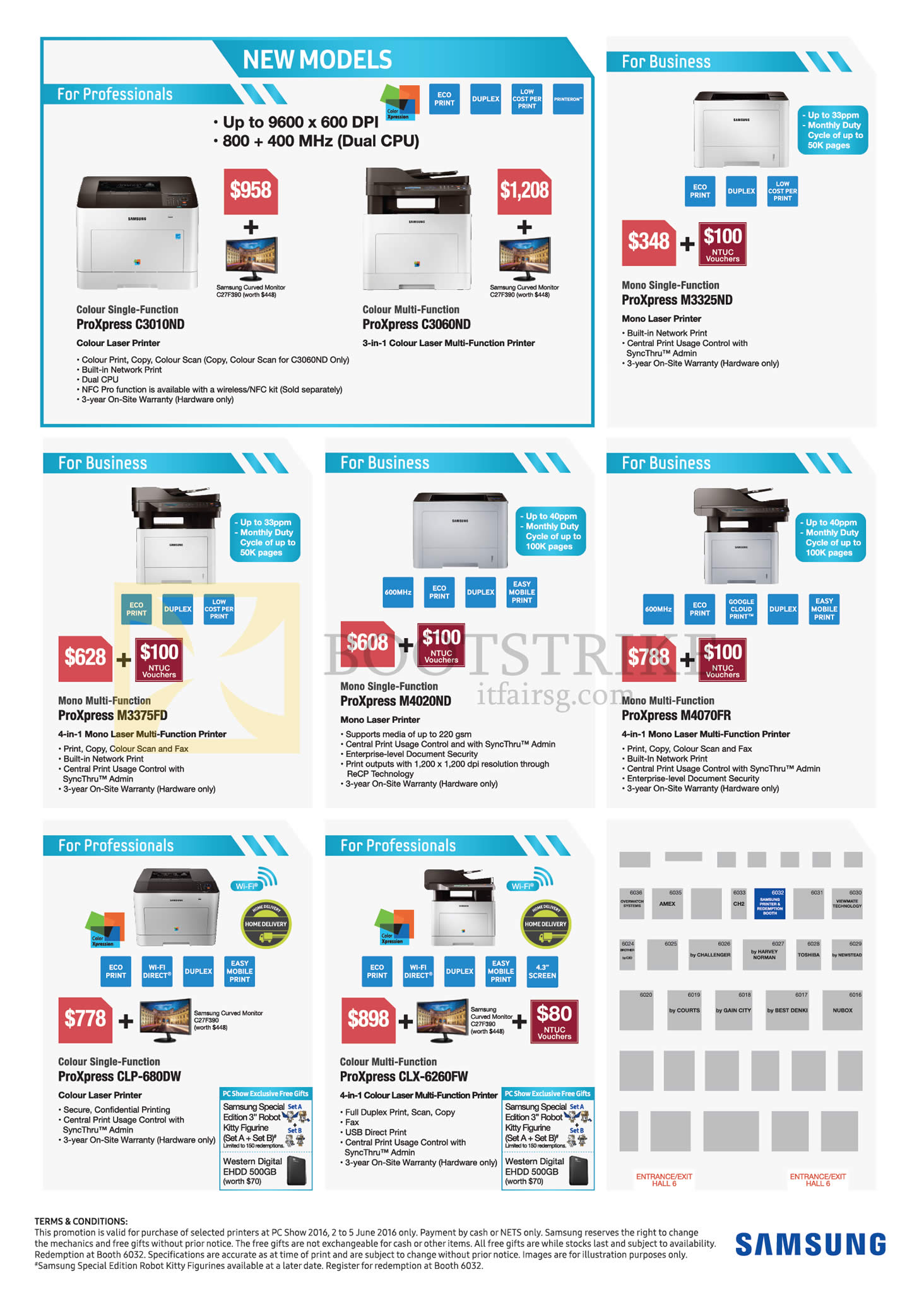 PC SHOW 2016 price list image brochure of Samsung Printers Laser ProXpress C3010ND, C3060ND, M3325ND, M3375FD, M4020ND, M4070FR, CLP-680DW, CLX-6260FW