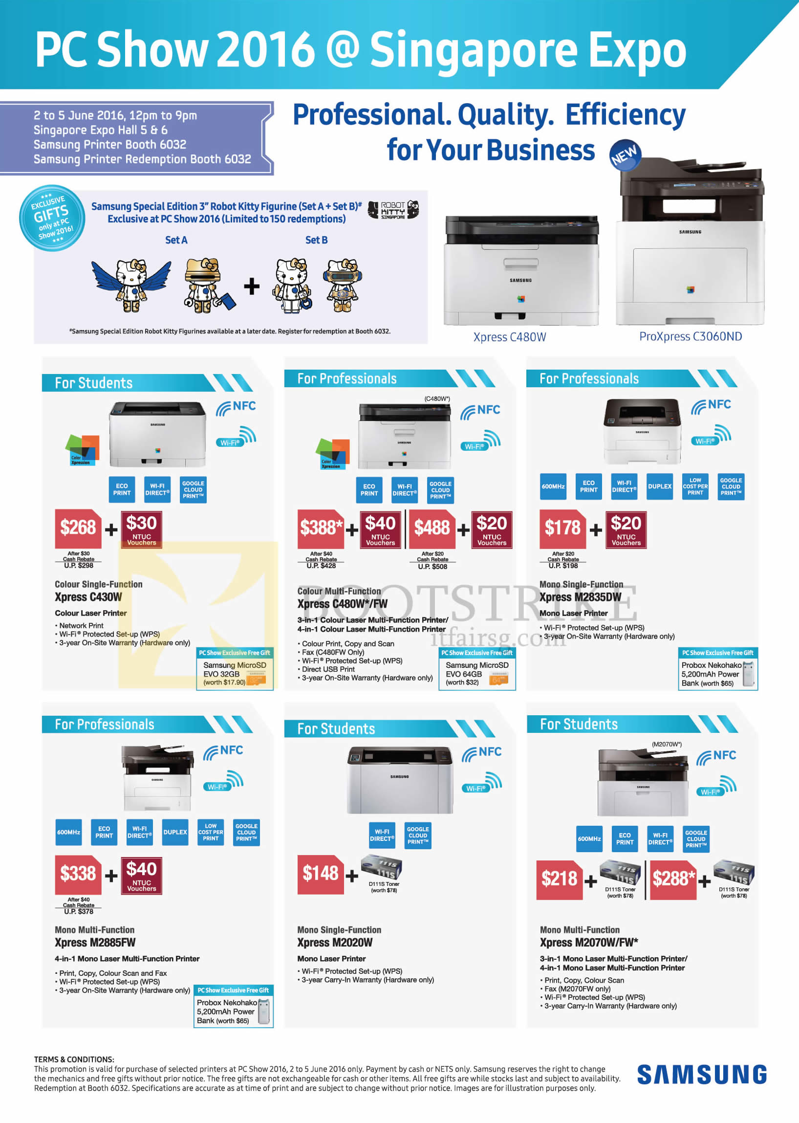 PC SHOW 2016 price list image brochure of Samsung Printers Xpress C480W, C430W, C480W, FW, M2835DW, M2885FW, M2020W, M2070W, FW, ProXpress C3060ND