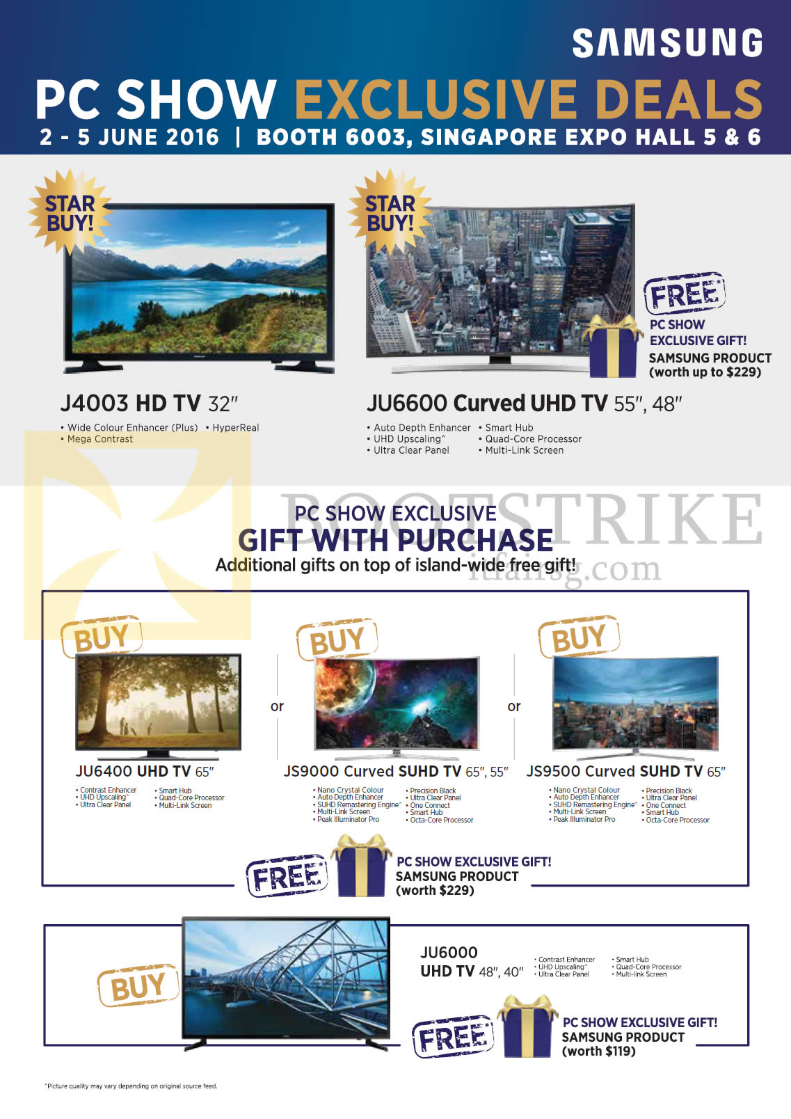 PC SHOW 2016 price list image brochure of Samsung TVs (No Prices) J4003, JU6600, JU6400, JS9000, JS9500, JU6000