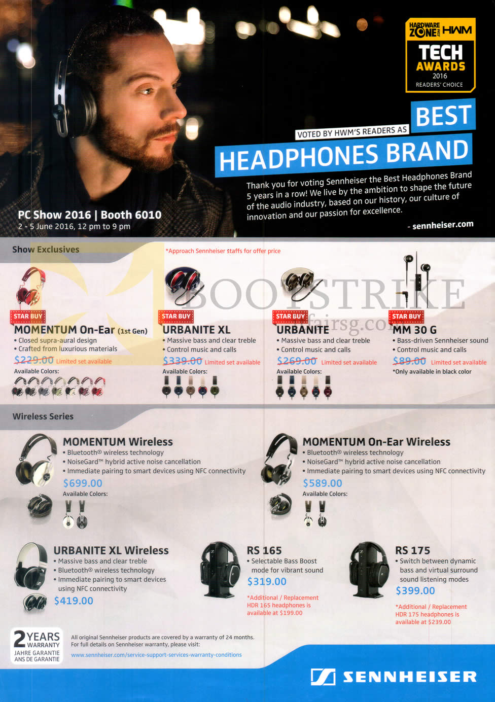PC SHOW 2016 price list image brochure of Sennheiser Headphones Momentum On-Ear, Wireless, Urbanite, XL, Wireless, MM 30 G, RS 165, 175